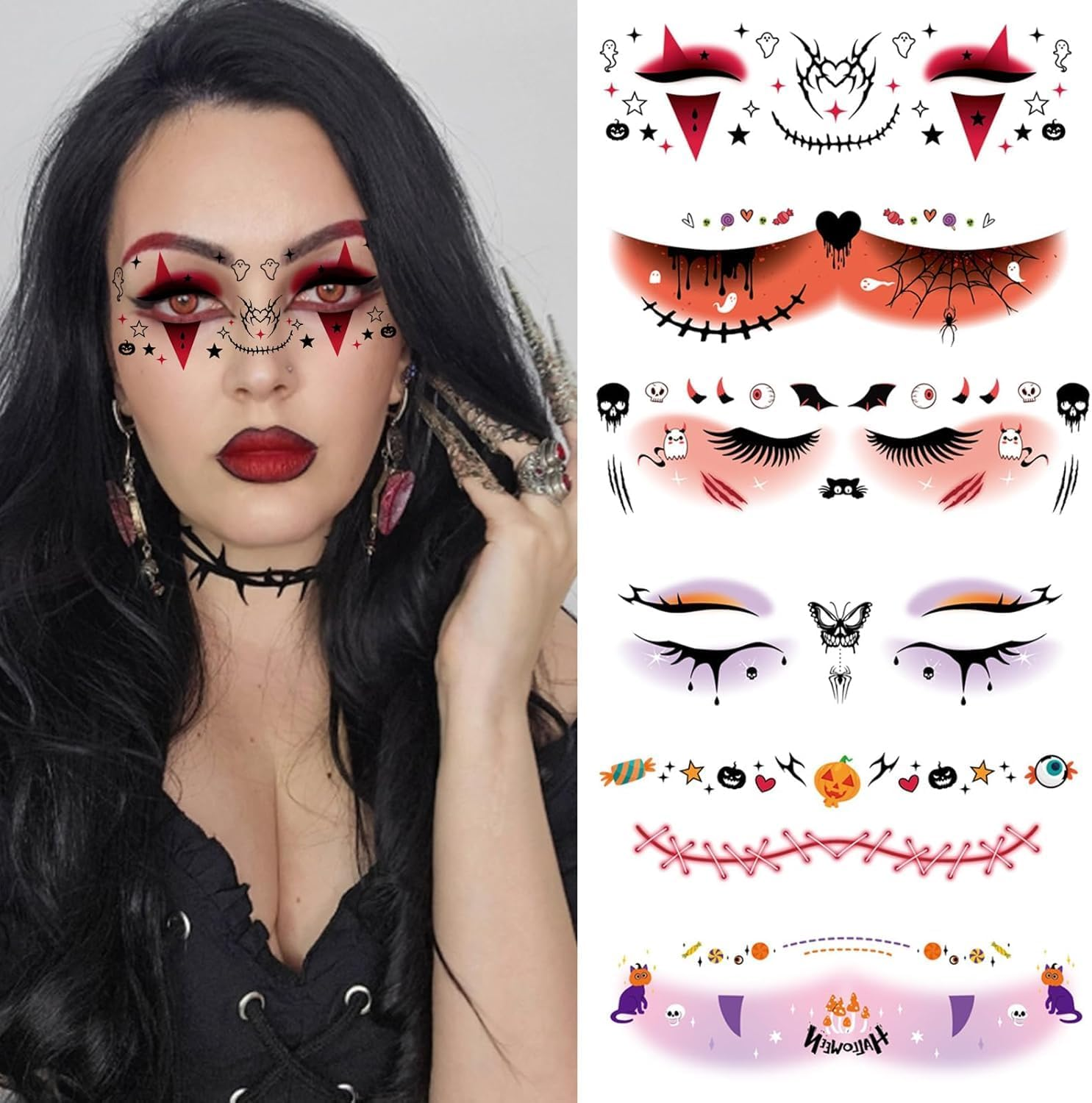 Halloween Eye Shadow Temporary Tattoos Eyeliner Tattoo Stickers Spider Web Bat Pattern Eyeliner Fake Tattoos for Women Men Face Eye Makeup Halloween Decals Party Supplies (Style A-10Pcs, One Size)