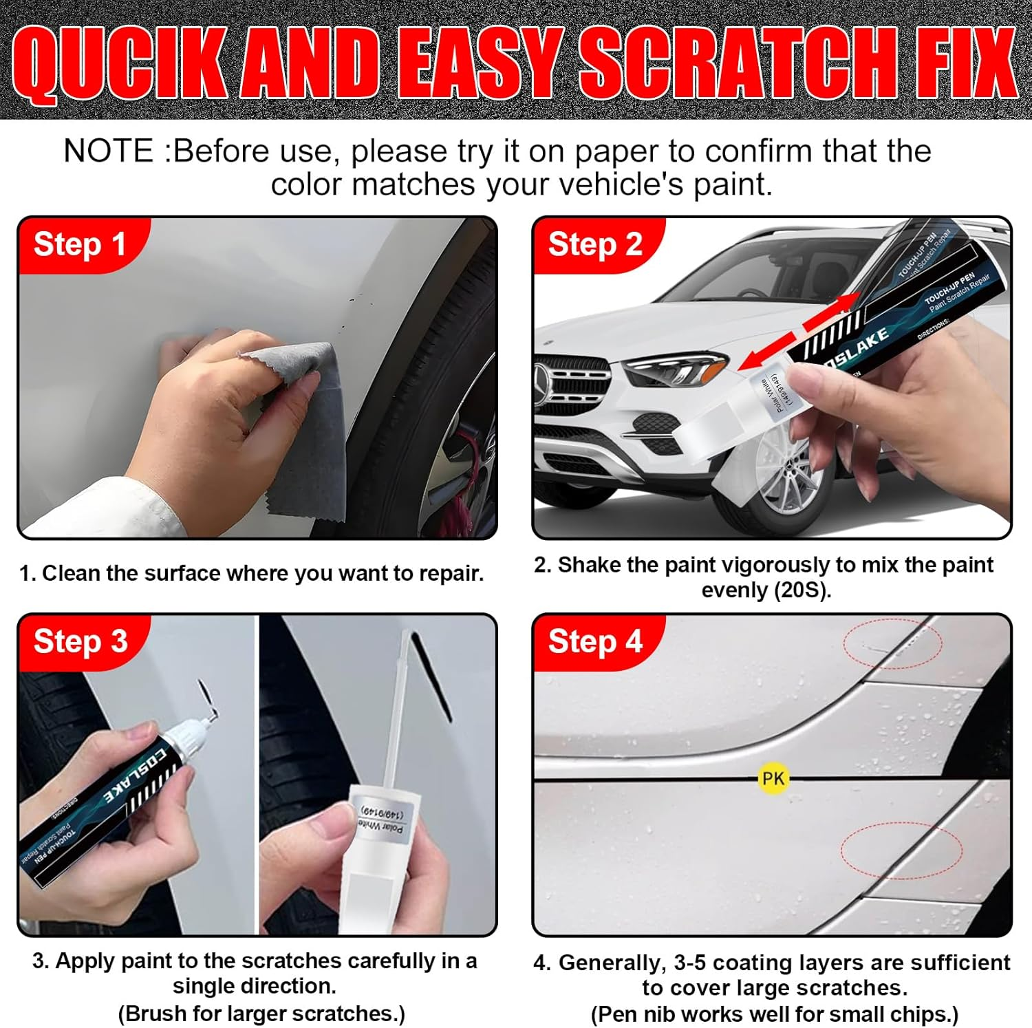 COSLAKE Car Touch up Paint(Polar White(149/9149)) for Mercedes-Benz, Car Paint Scratch Repair Kit, Quick & Easy Solution to Repair, 2 in 1 Scratch Remover Pen with Color-Matched