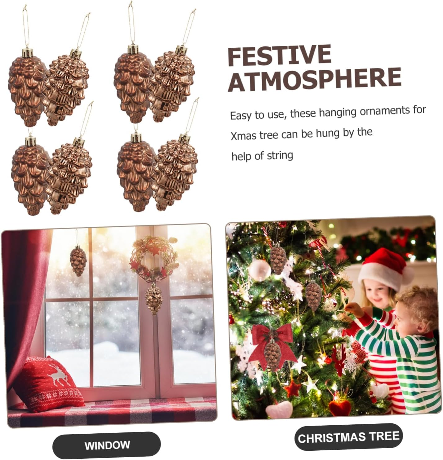 Plastic Christmas Tree Pine Cones Ornaments 8 Pack Warm Cozy Easy to Hang Festive Decor for Your Home