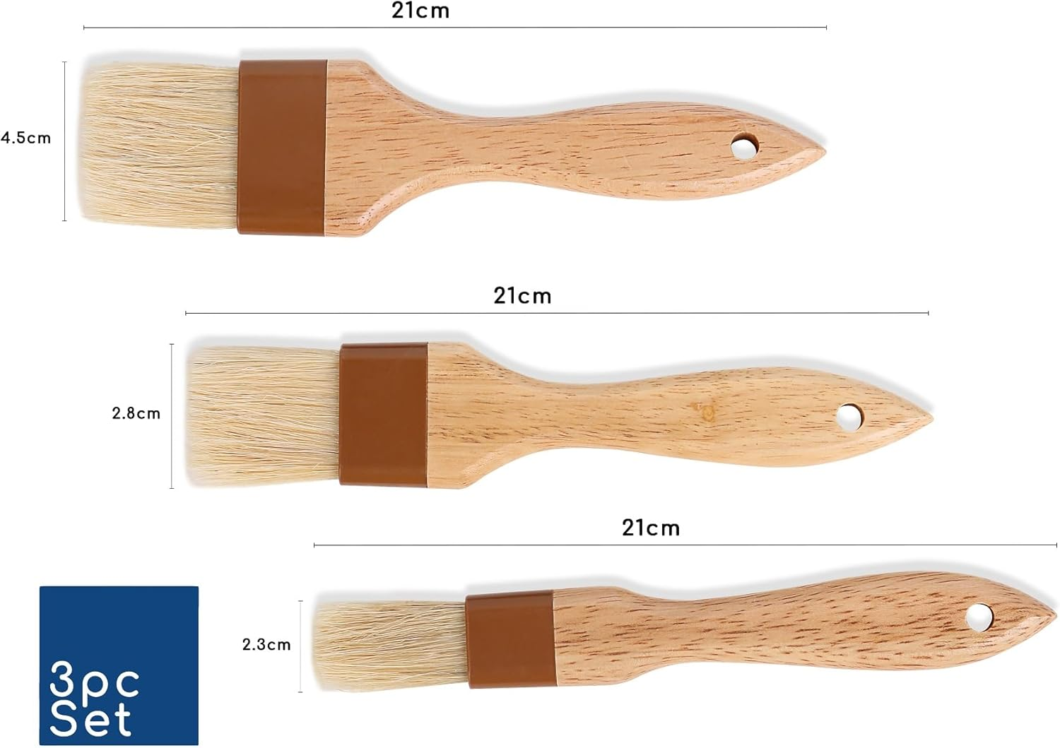 3-Piece Natural Bristle Pastry and Basting Brush Set with Wooden Handles &ndash; Ideal for Cooking, Baking, BBQ, and Kitchen Basting