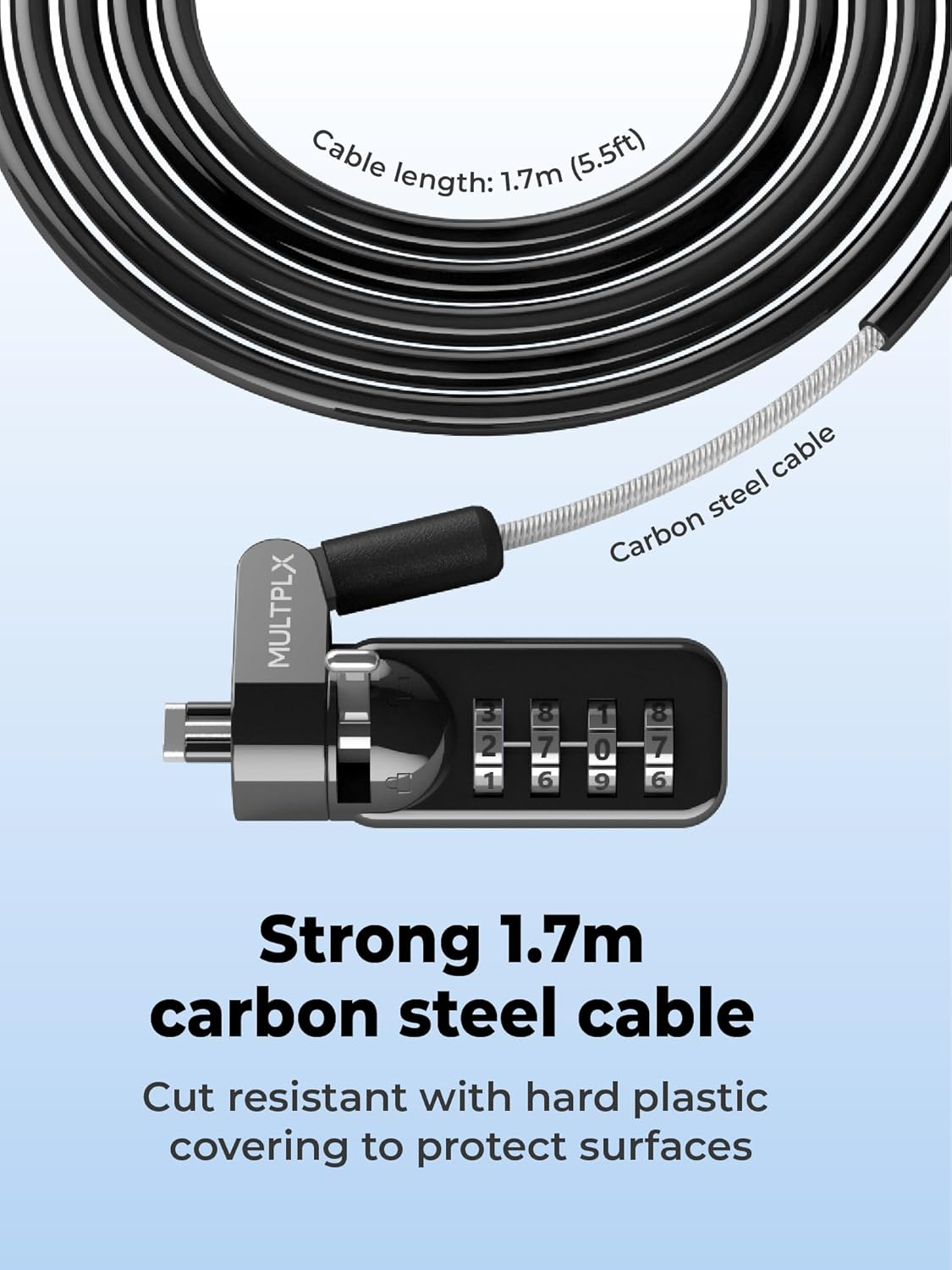 Combination Laptop Lock | Standard Size T-Shaped Bar Locking Mechanism | 1.7M Hard Cut Resistant Steel Cable | 4 Digit Combination Lock | Strong Security Lock image number 2