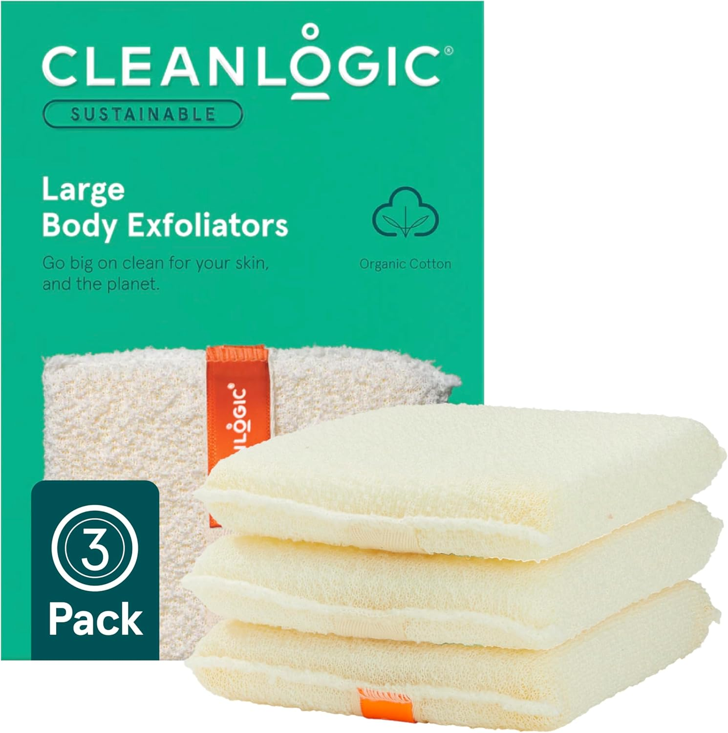 Cleanlogic Organic Cotton Exfoliating Body Scrubber, Reusable Exfoliator Tool for Smooth and Softer Skin, Daily Skincare Routine, Natural, 3 Count Value Pack