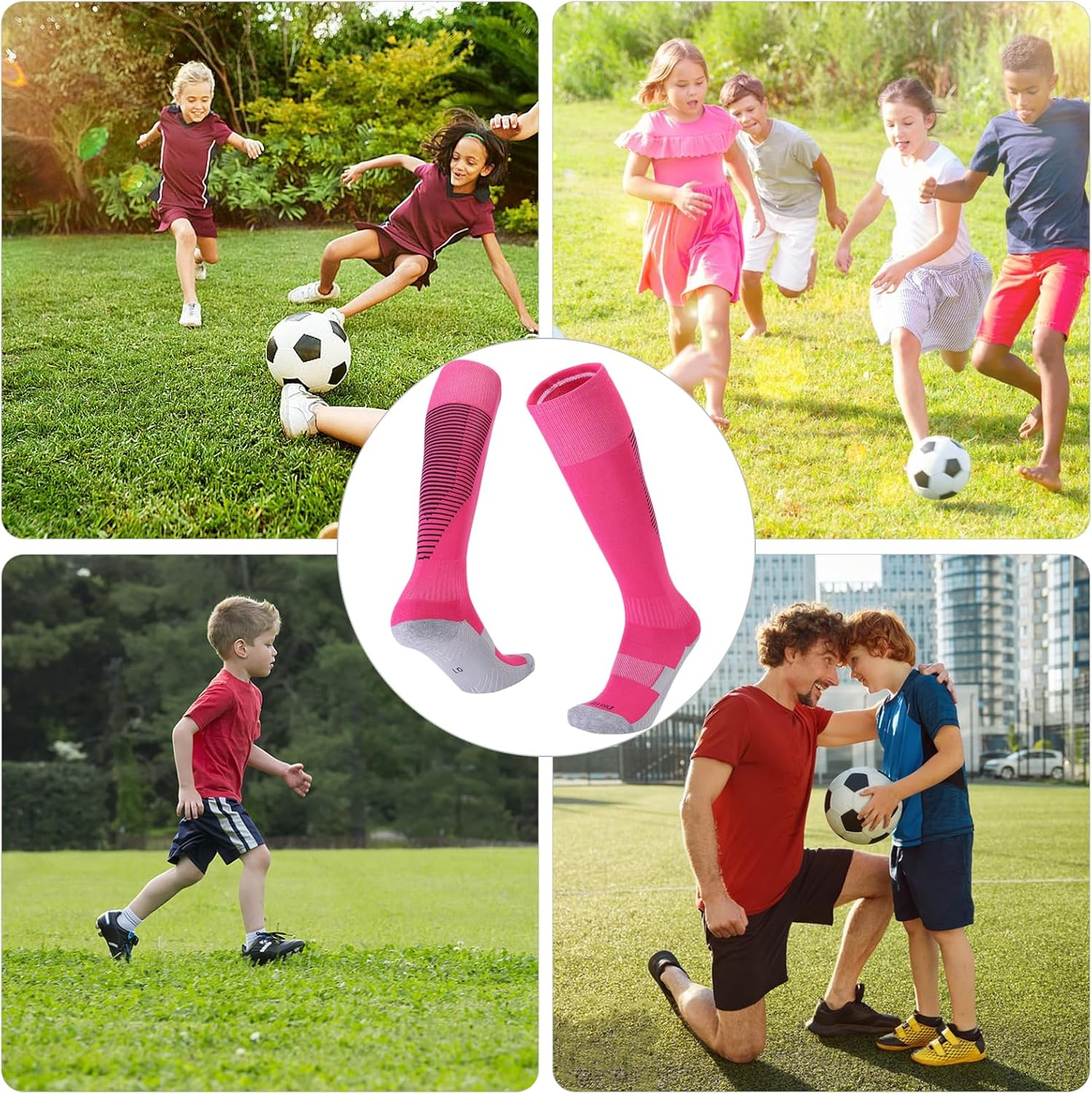 Kids Football Socks, Unisex Football Socks for Children Breathable Athletic Socks Soccer Sock Running Training Socks Knee High Sport Socks (Pink)