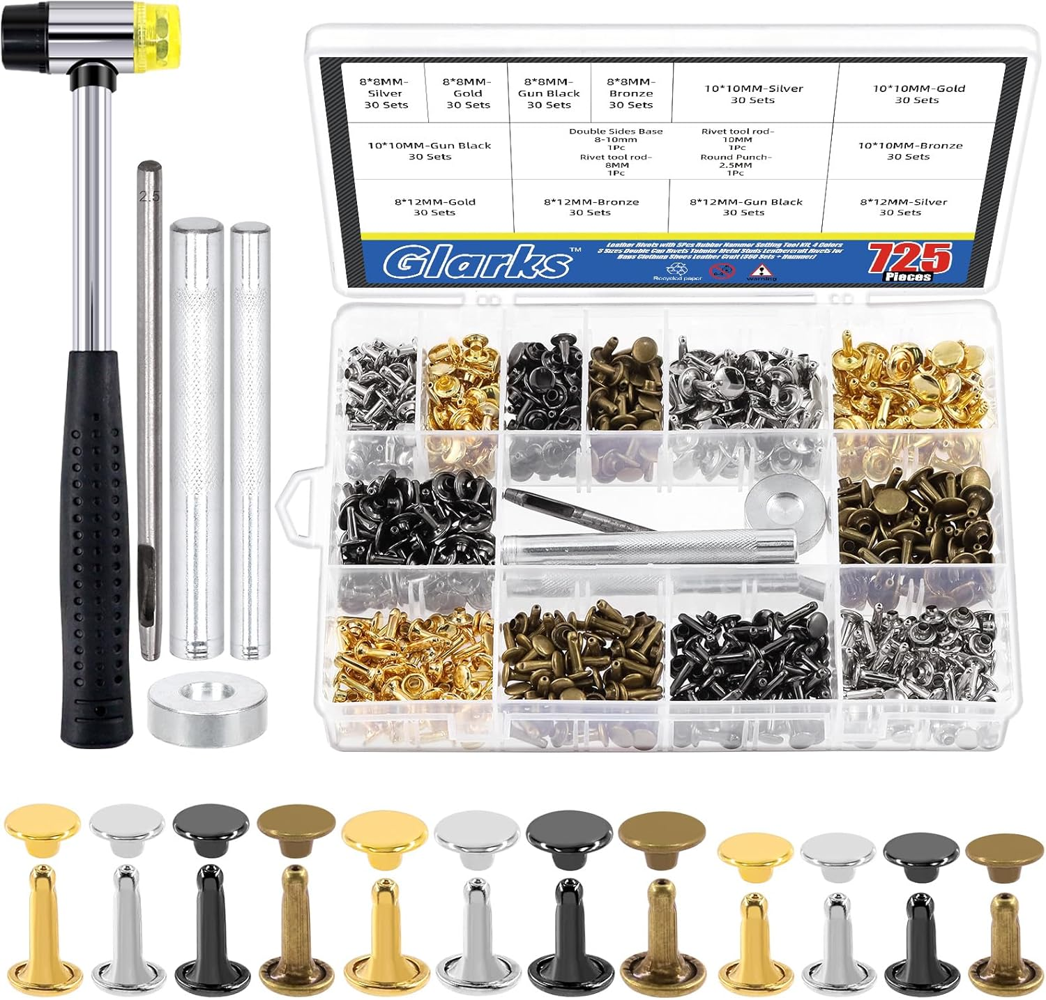 Glarks 600 Sets Leather Rivets with 3Pcs Setting Tool Kit, 4 Colors 3 Sizes Double Cap Rivets Tubular Metal Studs Leathercraft Rivets for Bags Clothing Shoes Leather Craft