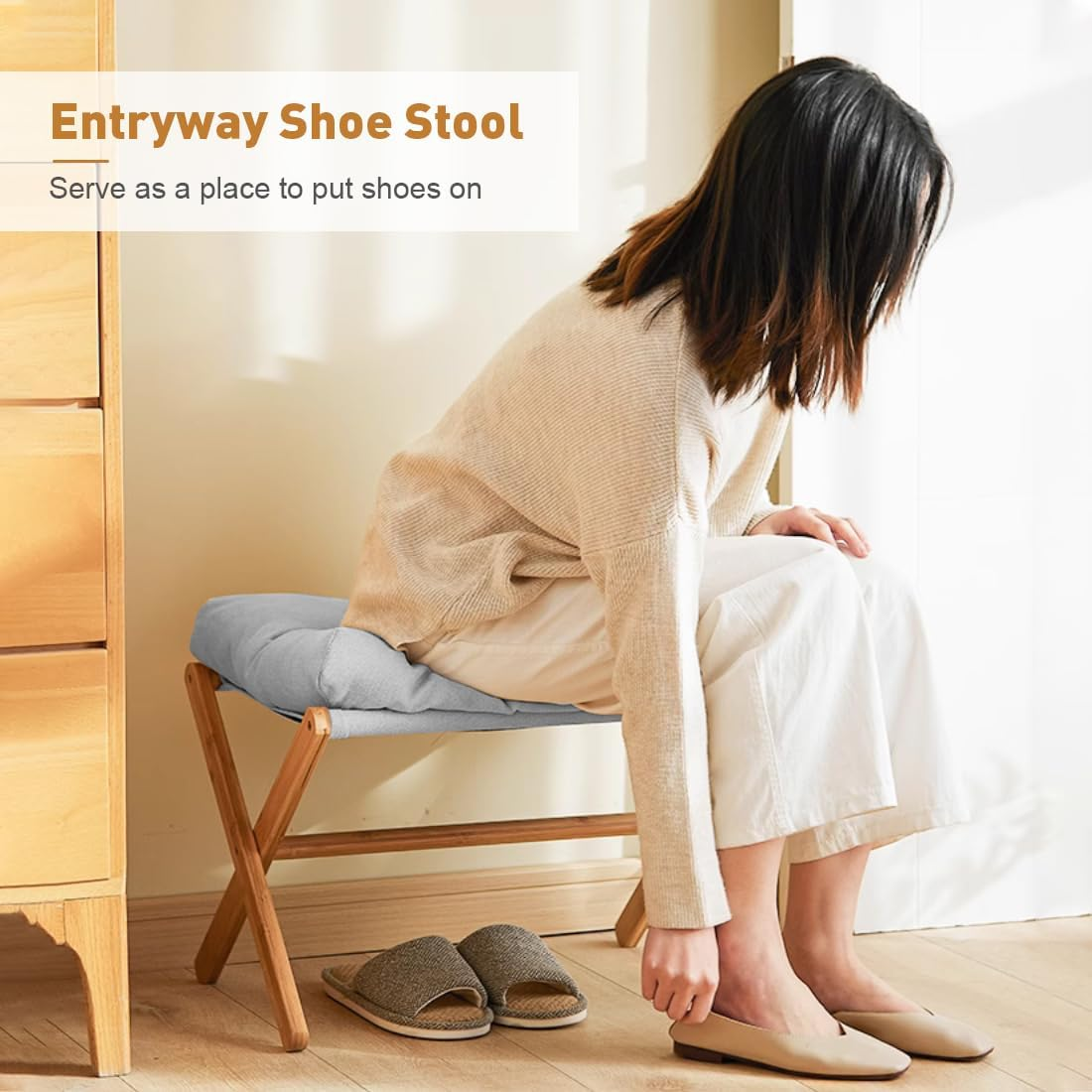 Huaniun Folding Foot Rest Cushion, Small Portable Bamboo Accent Ottoman, Footstool with Detachable Cotton Cushion Padded Comfort Foot Stool for Reading, Gaming, Office and Home image number 3