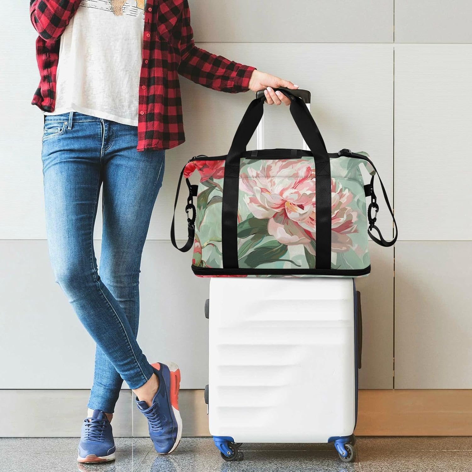 Oil Painting with Vintage Red Peony Flowers Luggage Travel Bag Travel Weekender Gear Bag with Toiletry Bag for Business Trips Waterproof, Oil Painting with Vintage Red Peony Flowers, 1 Size, Oil image number 2