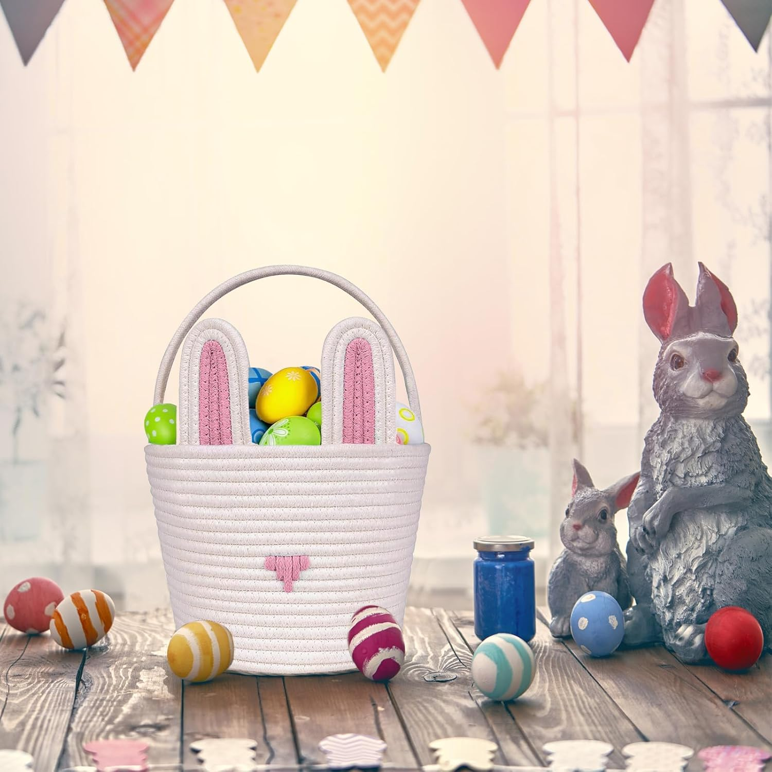 Poschnor Easter Basket for Gifts, Empty Cotton Bunny Basket Bin with Handles, Baby Toy Storage Organizer, Pink/White image number 1