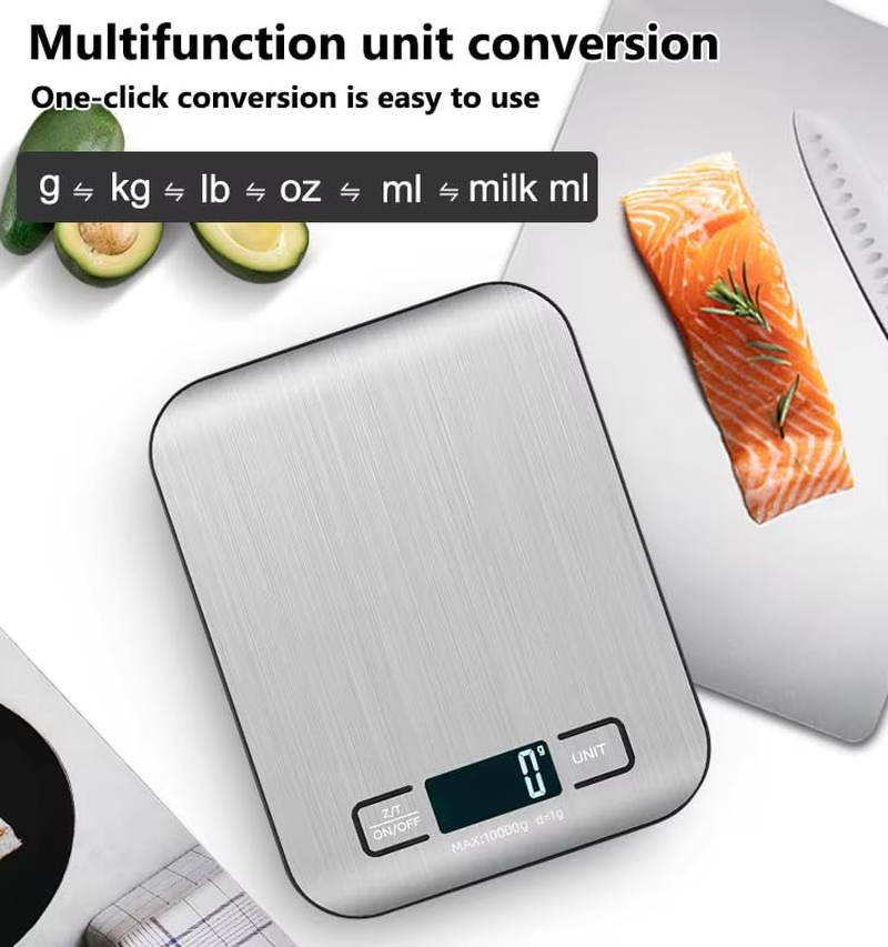 Versa Essentials Digital Kitchen Scale with LCD Display, 10Kg/1G Stainless Steel Kitchen Scale for Food Cooking Coffee Baking, Waterproof Surface and Tare Function, Batteries Included image number 5