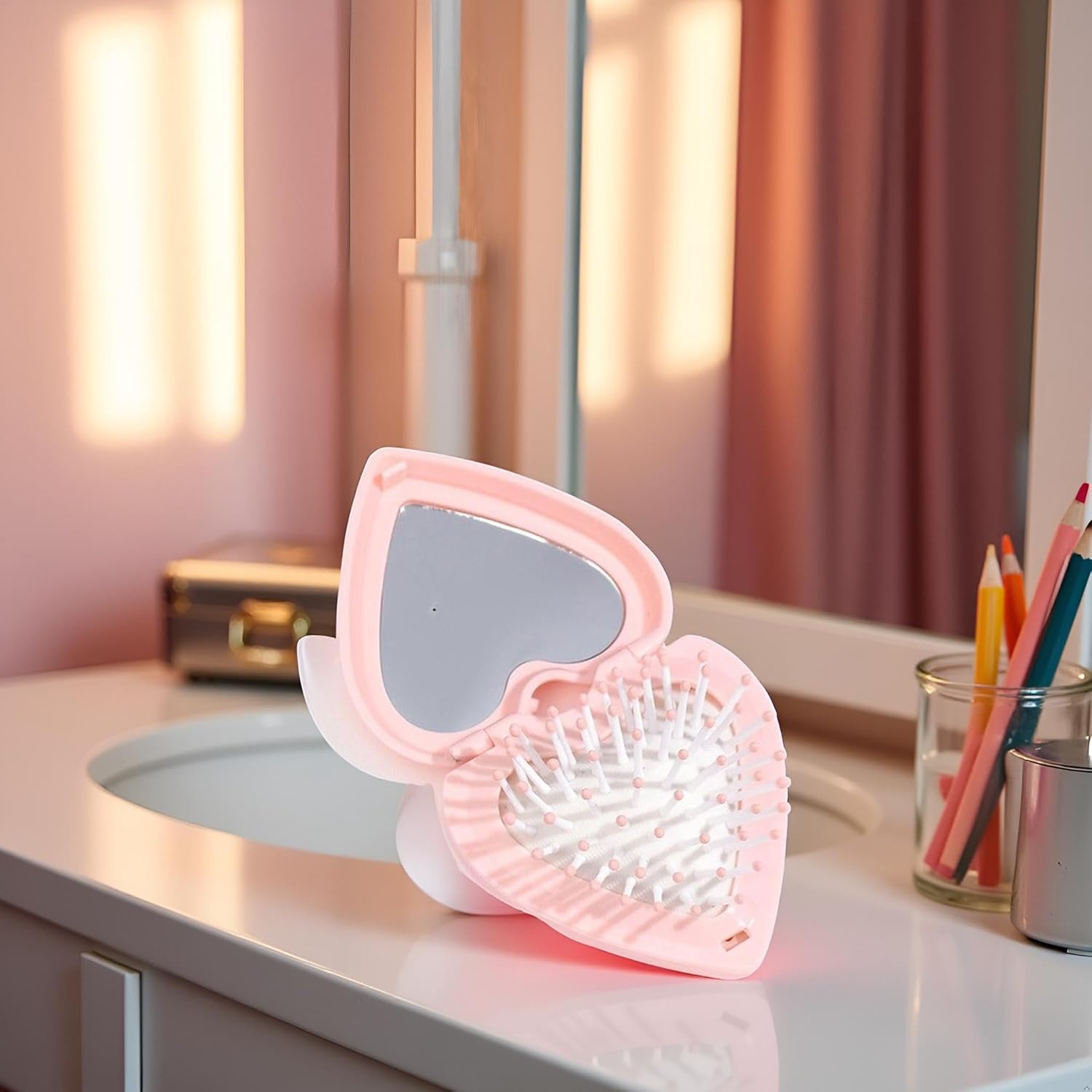 Heart Shape Mini Hair Brush for Purse Travel Folding Pocket Mirror Foldable Comb Women Girl (Pink) - Blue image number 3