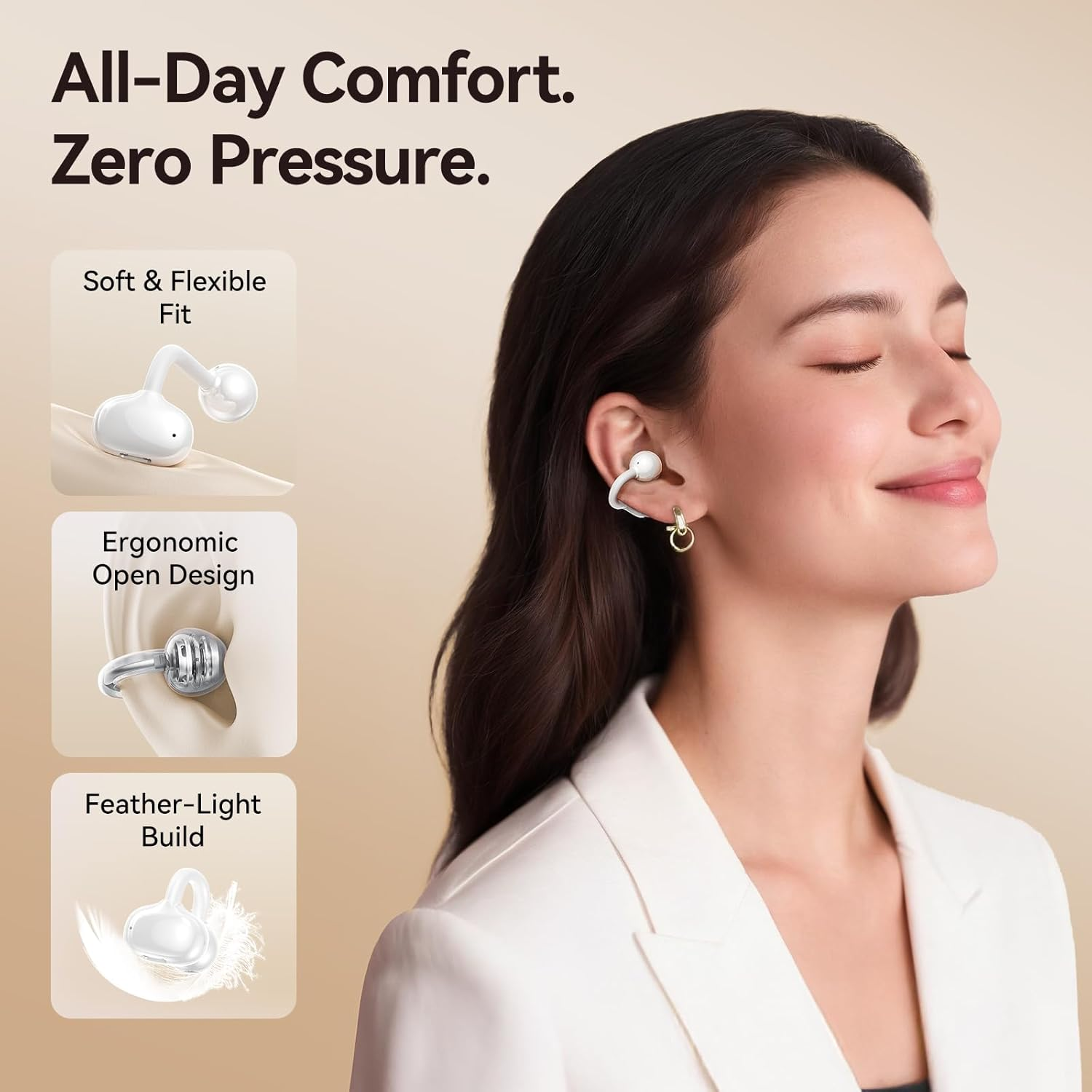 Kinglucky Clip-On Earbuds Comfortable Fit & Crystal-Clear Sound, 40H Playtime Open Ear Buds Bluetooth 5.4 Wireless Headphones for Women Ideal for Small Ears,Sports,Workouts,Glasses White image number 5