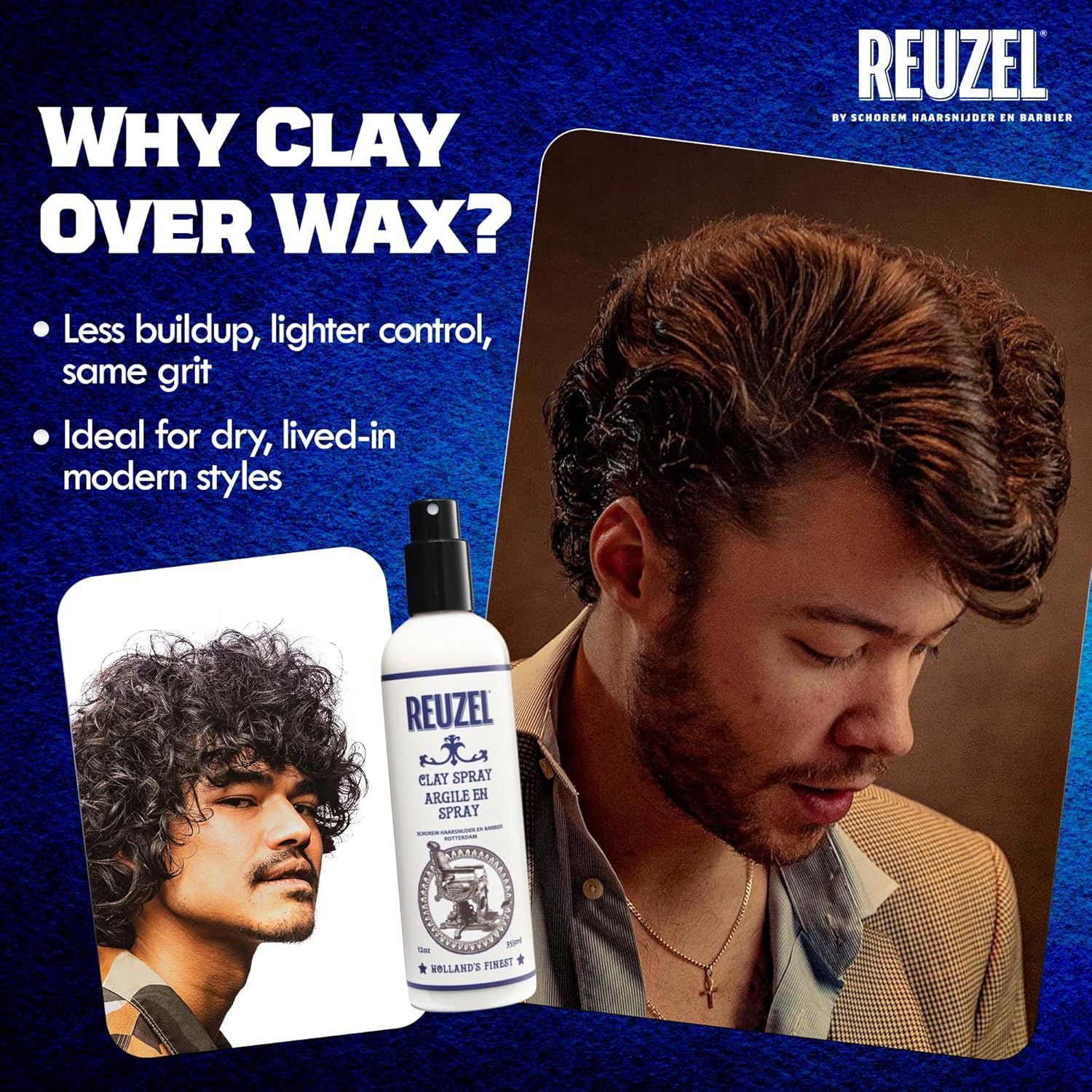 Reuzel Clay Hairspray for Men - Fragrance Free - Helps Control Frizz - Adds Texture and Definition - Helps Achieve Dry, Gritty, Lived-In Look - Flexible Hold - Suitable for All Hair Types - 355 Ml