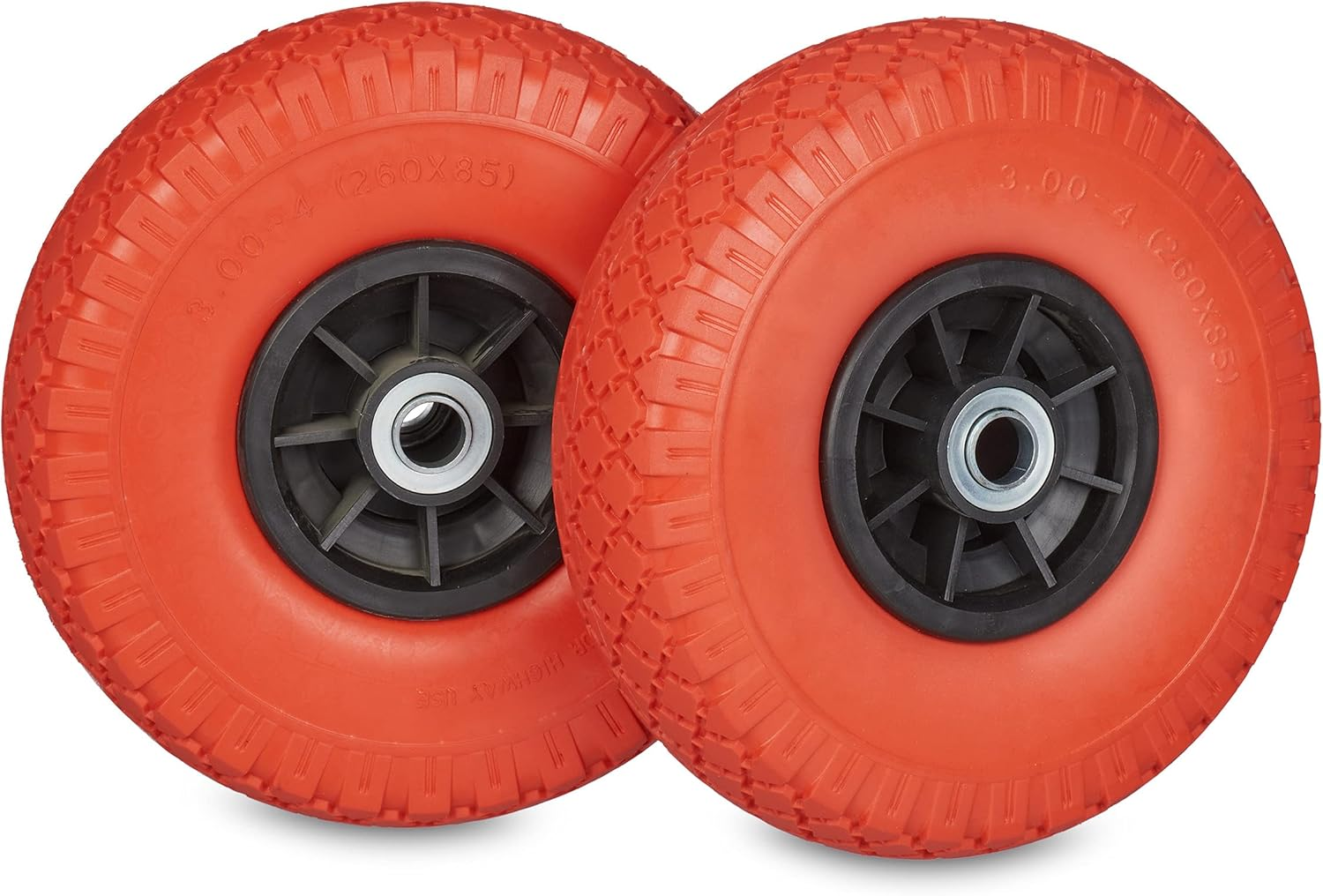 Relaxdays 2 X Sack Truck Wheels, 3.00-4 Inches, 260 X 85 Mm, Puncture-Proof Solid Rubber Tyres, 20 Mm Axle, up to 80 Kg, Red/Black