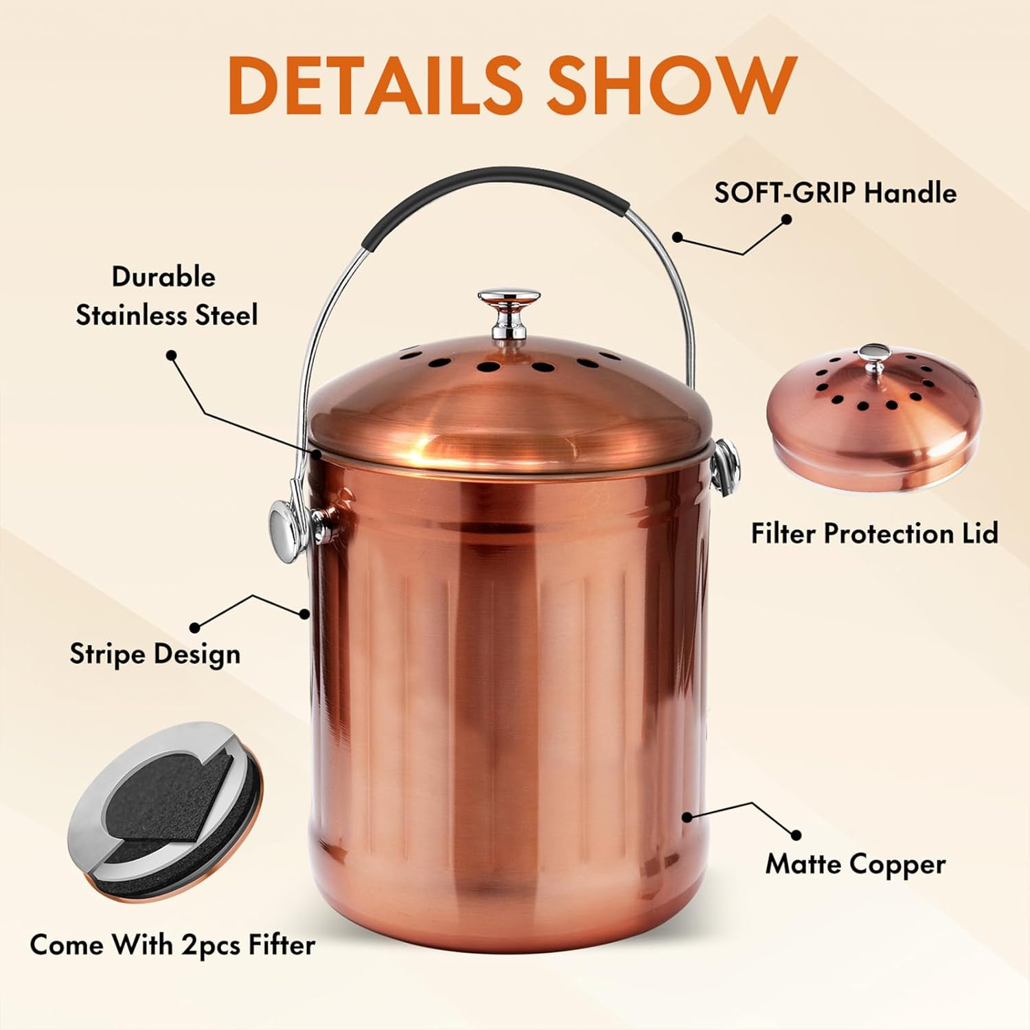 ENLOY Compost Bin for Kitchen Countertop, 1.3 Gallon Matte Copper Stainless Steel Compost Bucket with Lid, Odorless Food Waste Bucket with 2 Charcoal Filters, Indoor Compost Pail with SOFT-GRIP Handle image number 3