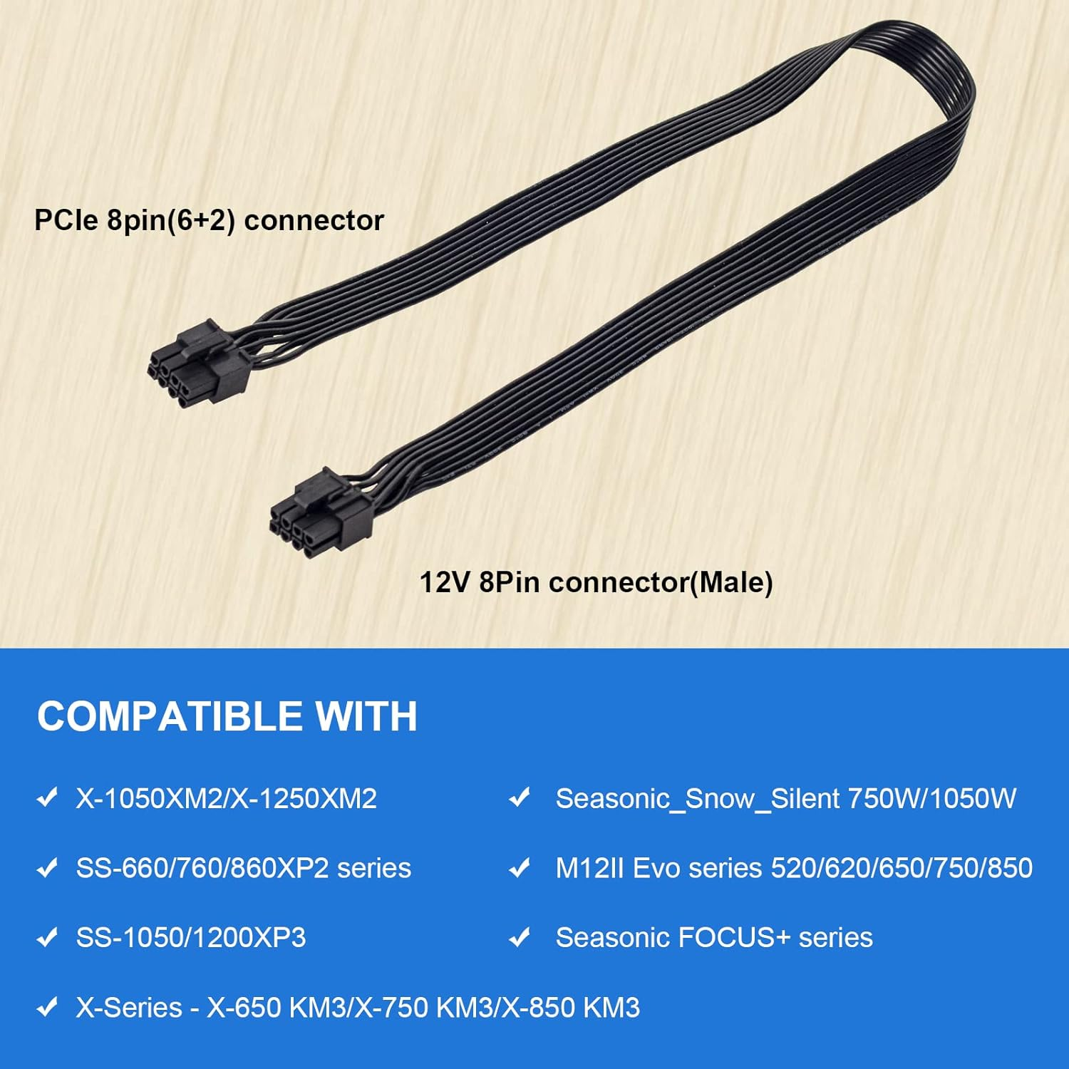 Yiejoya PCIE Cable for Seasonic, PSU 8 Pin Male to Pcie 8 Pin (6+2) Male for Seasonic Modular Power Supply (60Cm) image number 1