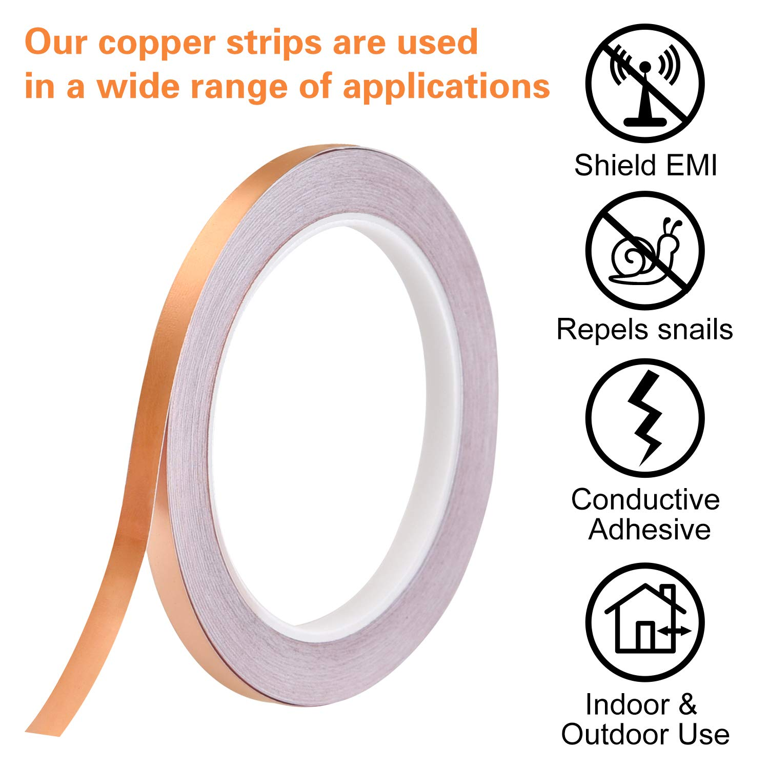 FEPITO Copper Foil Tape (0.24 Inch X 66 Feet) for Guitar and EMI Shielding, Snail Protection, Stained Glass, Arts, Crafts, Electrical Repairs, Grounding Conductive Adhesive image number 5