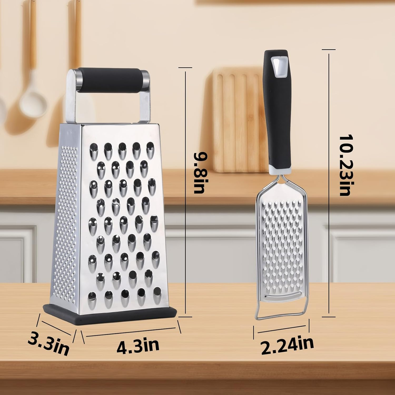2 Pack, Cheese Box Grater & Handheld Cheese Grater Set, Stainless Steel Vegetable Slicer Food Shredder 4-Sided Convenience Gadgets with Lemon Zester Grater with Handle, Kitchen Gadgets and Tools