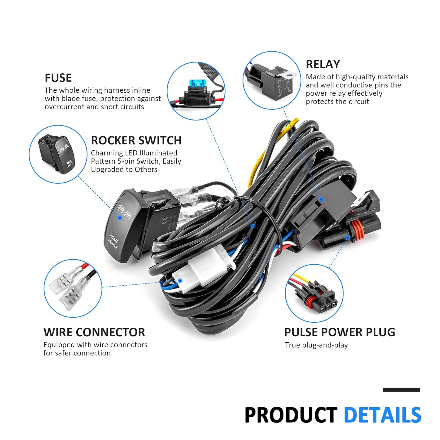 Wsays 12V Plug & Play Rear Lights On/Off Switch 2 Lead Wiring Harness Kit Compatible with Polaris RZR Ranger General 2018-2025 image number 5