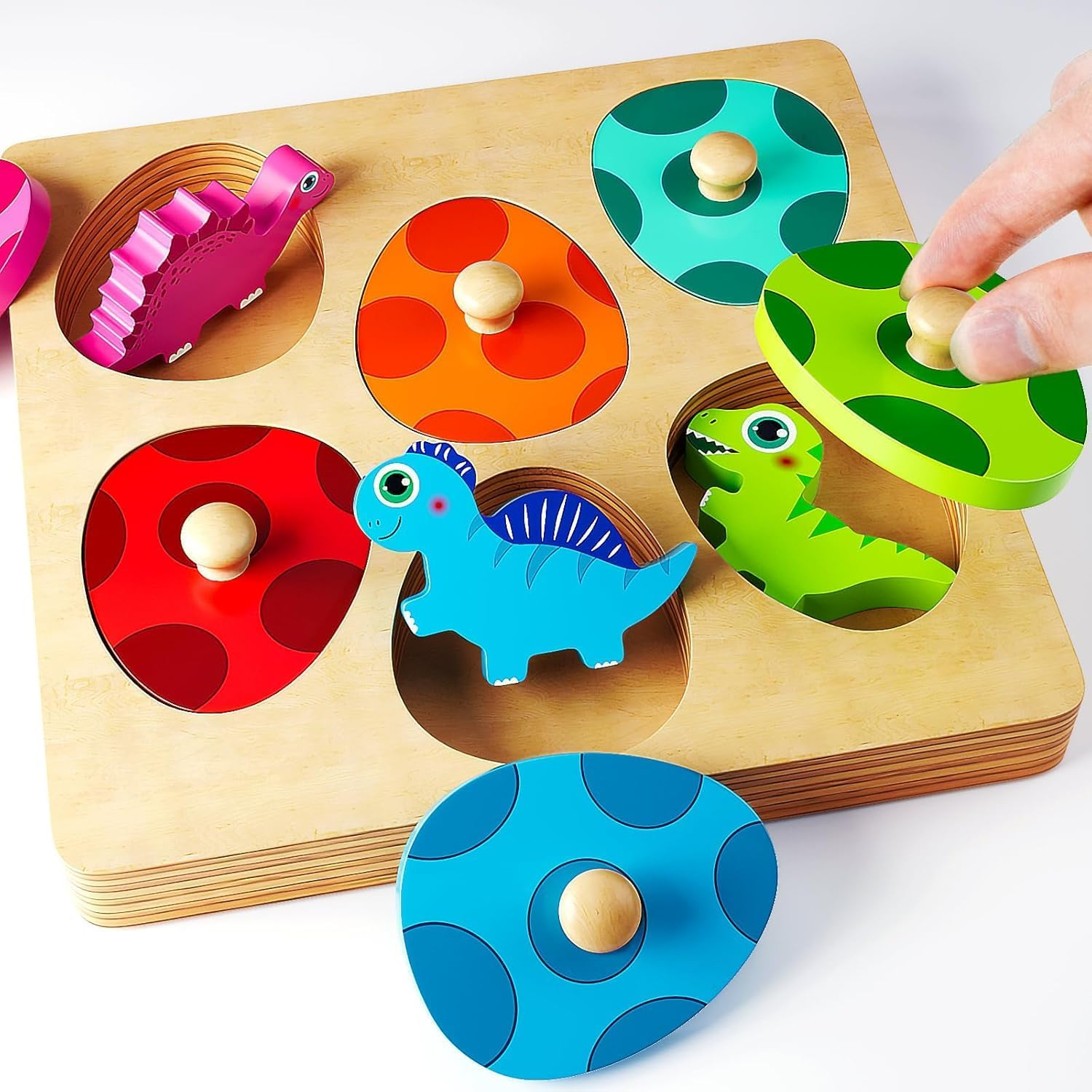 Wooden Puzzles for Toddlers 1-3, Montessori Toys for 1 2 Year Old Boy Girl Birthday, Dinosaur Match Eggs Peg Puzzles, Preschool Learning Toys for Toddlers Age 1-2 image number 1