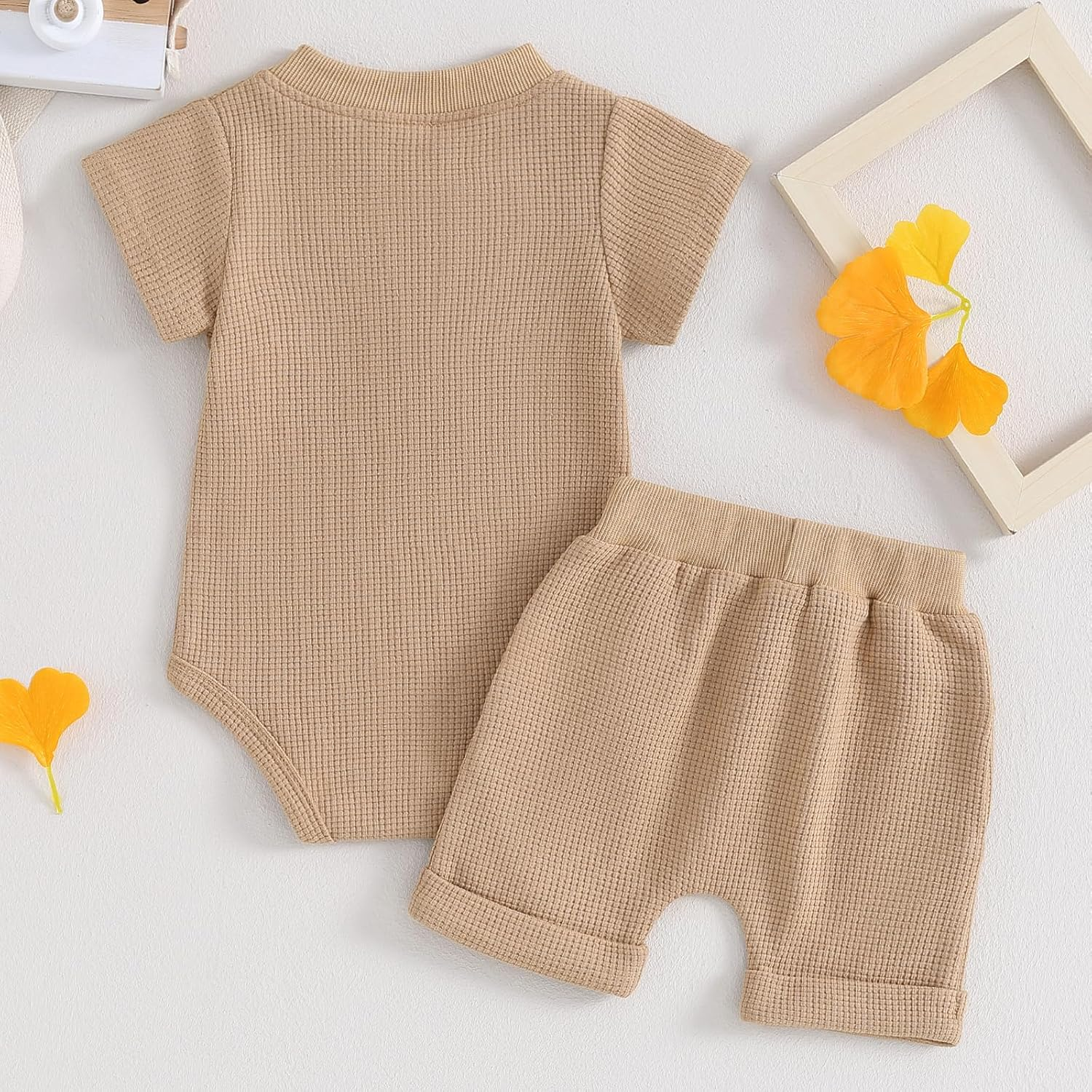 Kuriozud Newborn Baby Boy Summer Clothes Button Short Sleeve Romper Bodysuit Shorts Set Infant Soft Waffle Outfit image number 3
