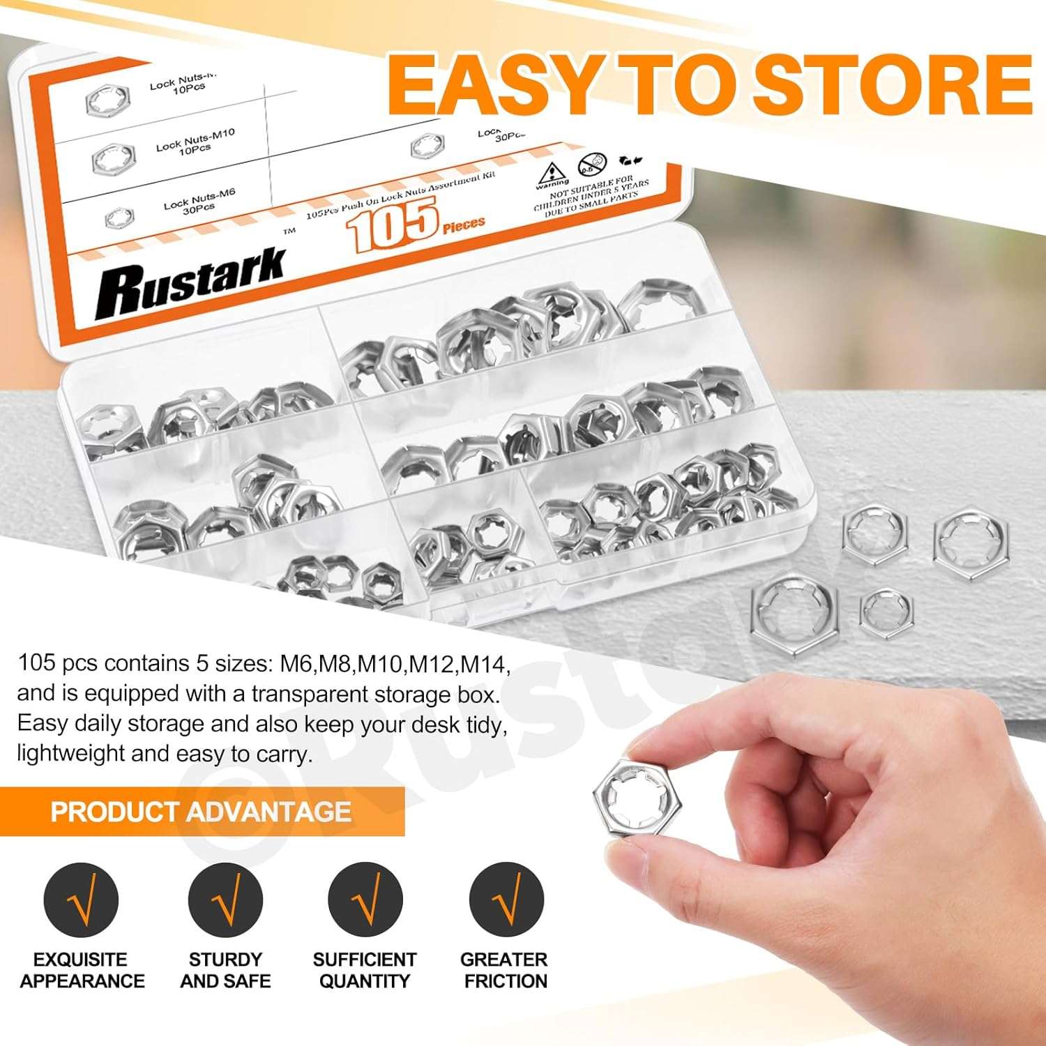 Rustark 105Pcs M6 M8 M10 M12 M14 304 Stainless Steel Push on Lock Nuts Assortment Kit Push Nuts Hex Hardware Nuts Fasteners Metric Machine Nuts for Machinery Manufacturing image number 4