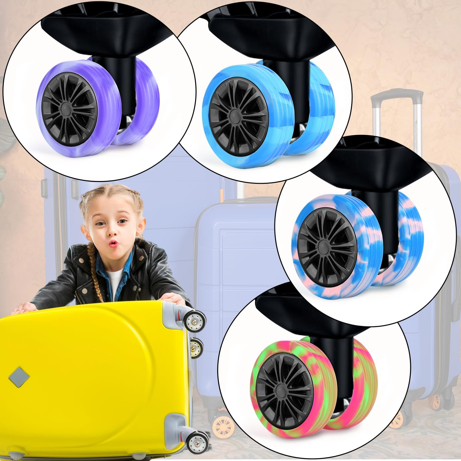 8Pcs Luggage Wheel Covers 4.2X1.5Cm Silicone Luggage Wheel Protector Wheel Covers Accessories Noise Proof for Most 8-Spinner Wheels Suitcase, Blue + Light Blue, 4,2X1,6Cm - Blue + Light Blue image number 3