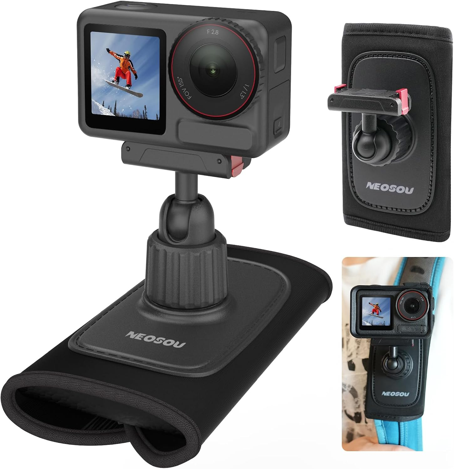 NEOSOU 360 Backpack Mount with Magnetic Quick Release Base for DJI Action 5 Pro Action 4 Action 3 Accessories, Bag Belt Shoulder Strap Holder Attachment for DJI Osmo Action Camera