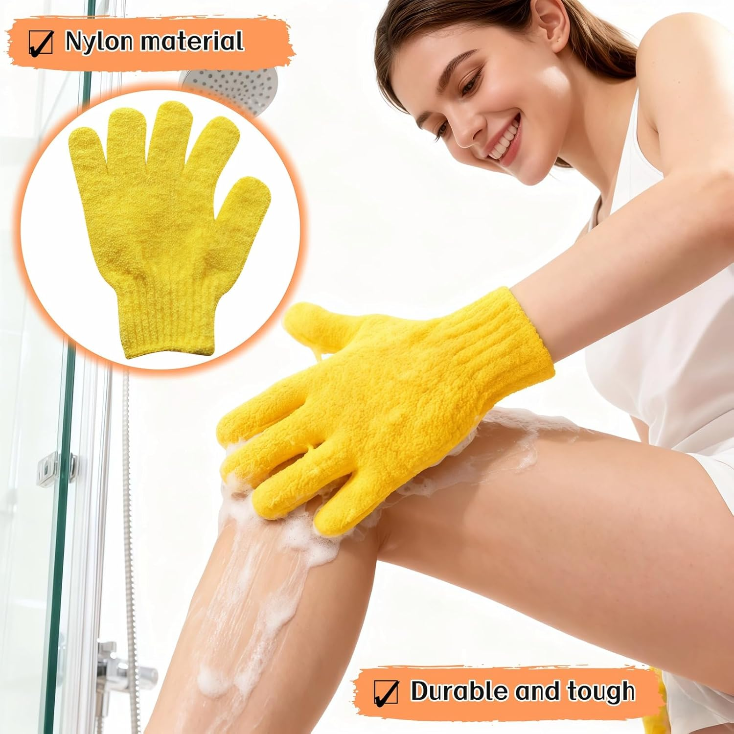 Ryandesign Exfoliating Shower Gloves, 2 Pairs Reinforced Nylon Bath Scrubbing Mitts, Orange and Yellow, One Size Fits All, Body Cleansing Massage image number 1