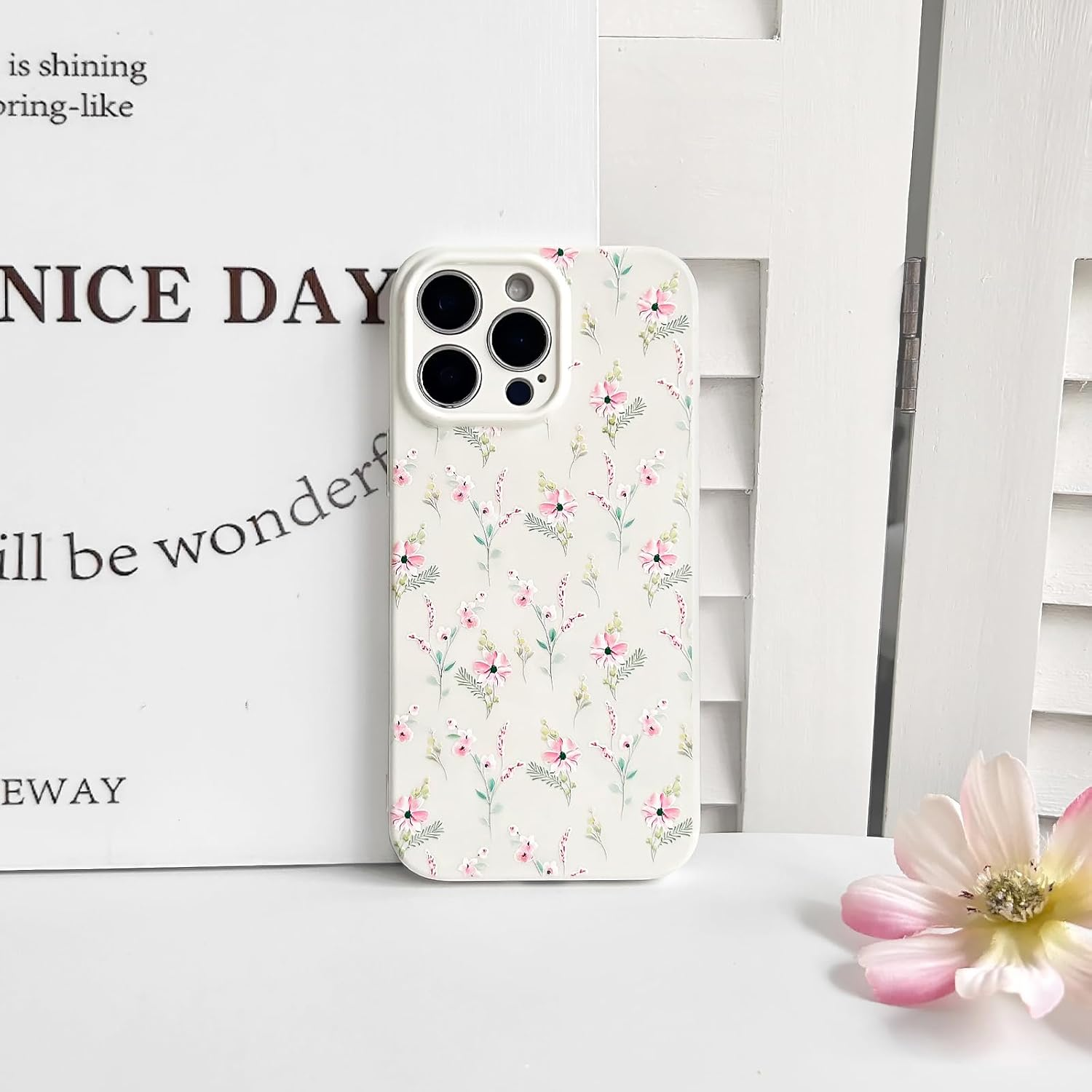 NITITOP Compatible with Iphone 12 Pro Case Cute Pink Flower Floral Aesthetic Design with White Back for Women Girls Trendy Slim Soft TPU Full Camera Shockproof Protective Cover - Pink image number 7