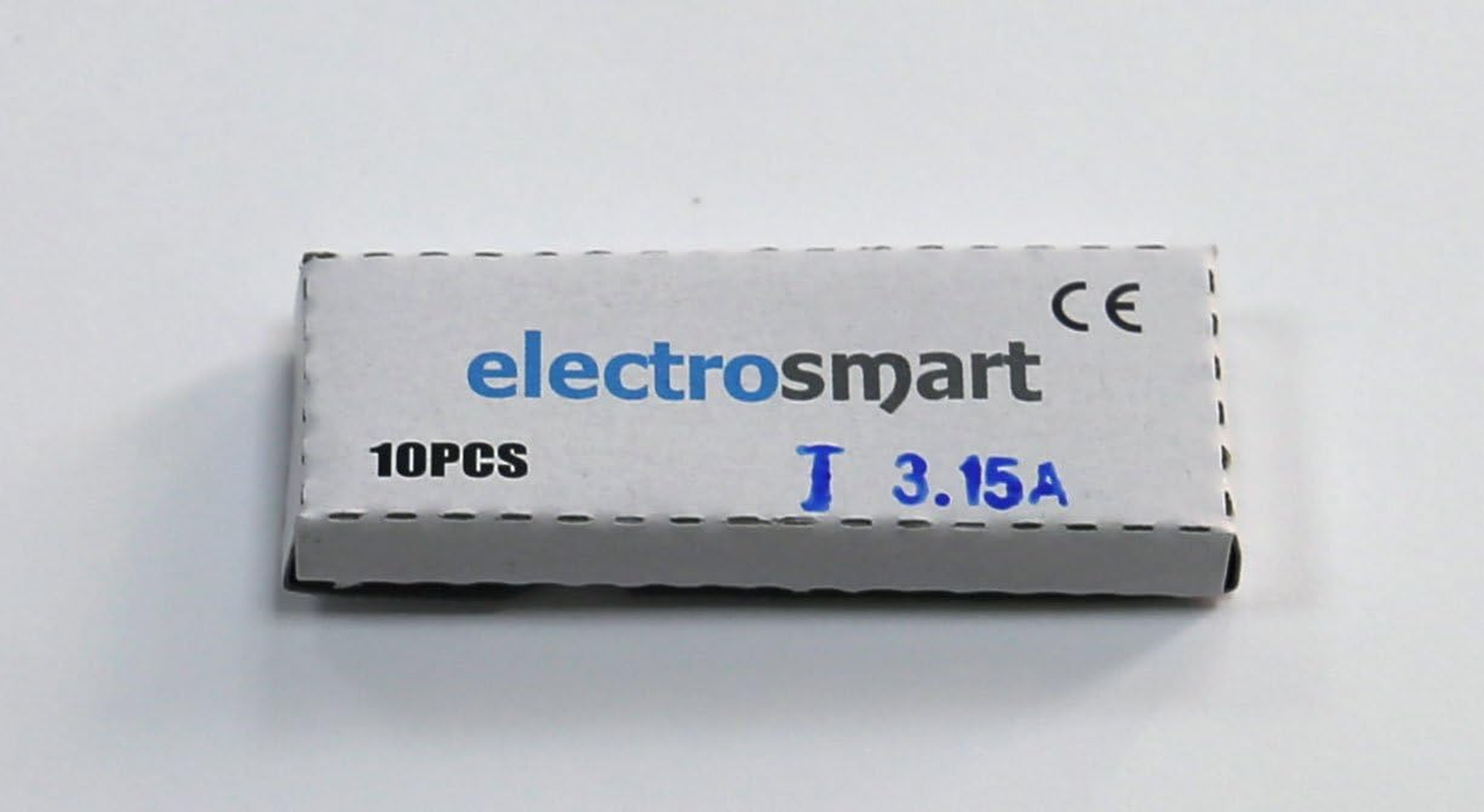 Electrosmart Pack of 10 3.15A T3.15A 20Mm X 5Mm Glass Fuse 250V Slow Blow/Time Lag/Delay