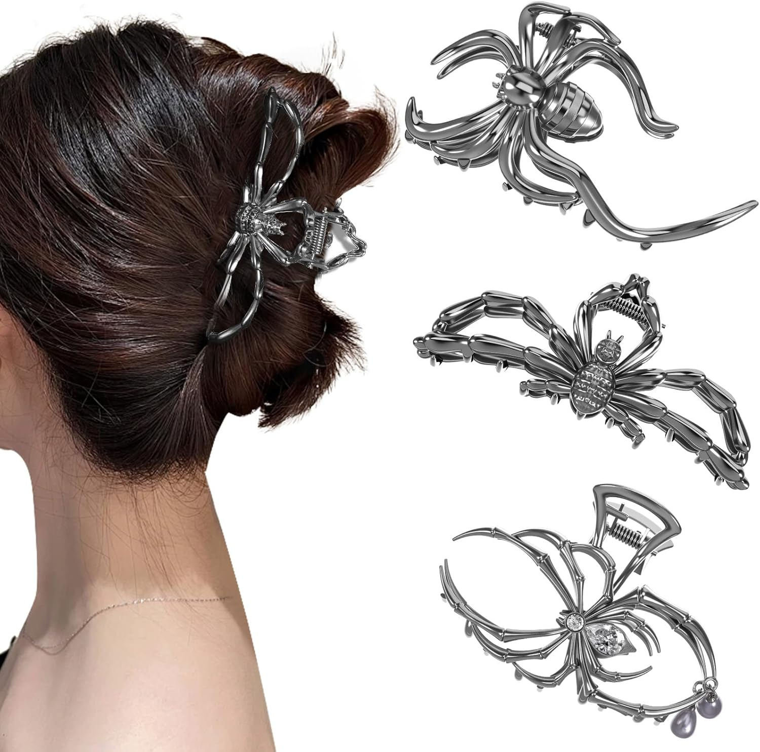 Pack of 3 Halloween Spider Web Hair Clips, Fashion Metal Hair Clip, Non-Slip Claw Clip, Gothic Spider Hair Clips, Durable Alloy for Halloween, Costume Party, Cosplay (Black) image number 3