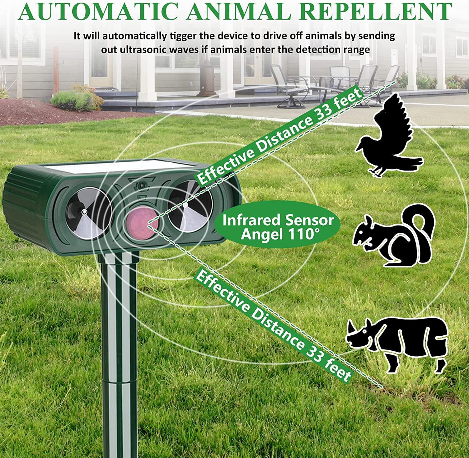 Lubatis 2 Pack Animal Repellent Outdoor Solar Animal Repeller Ultrasonic Pest Repeller Deterrent to Keep Rat, Squirrel, Deer, Raccoon, Skunk, Rabbit, Dog, Cat Away image number 2