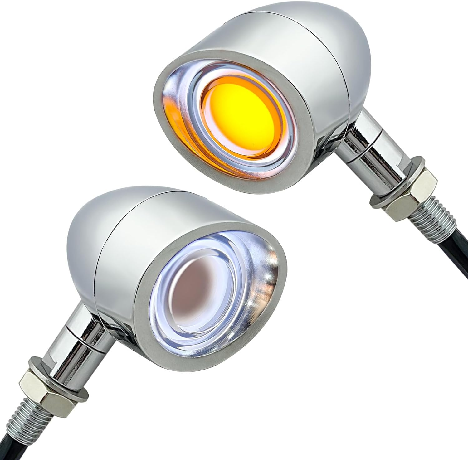 FATECIM 2X Motorcycle LED Front Turn Signals Running Driving Light Visor Heavy Duty Motorbike White Amber Light Blinker Indicator for Bobber Harley Honda Yamaha Suzuki Kawasaki Cruiser Chopper Chrome - 2035-Chrome image number 4