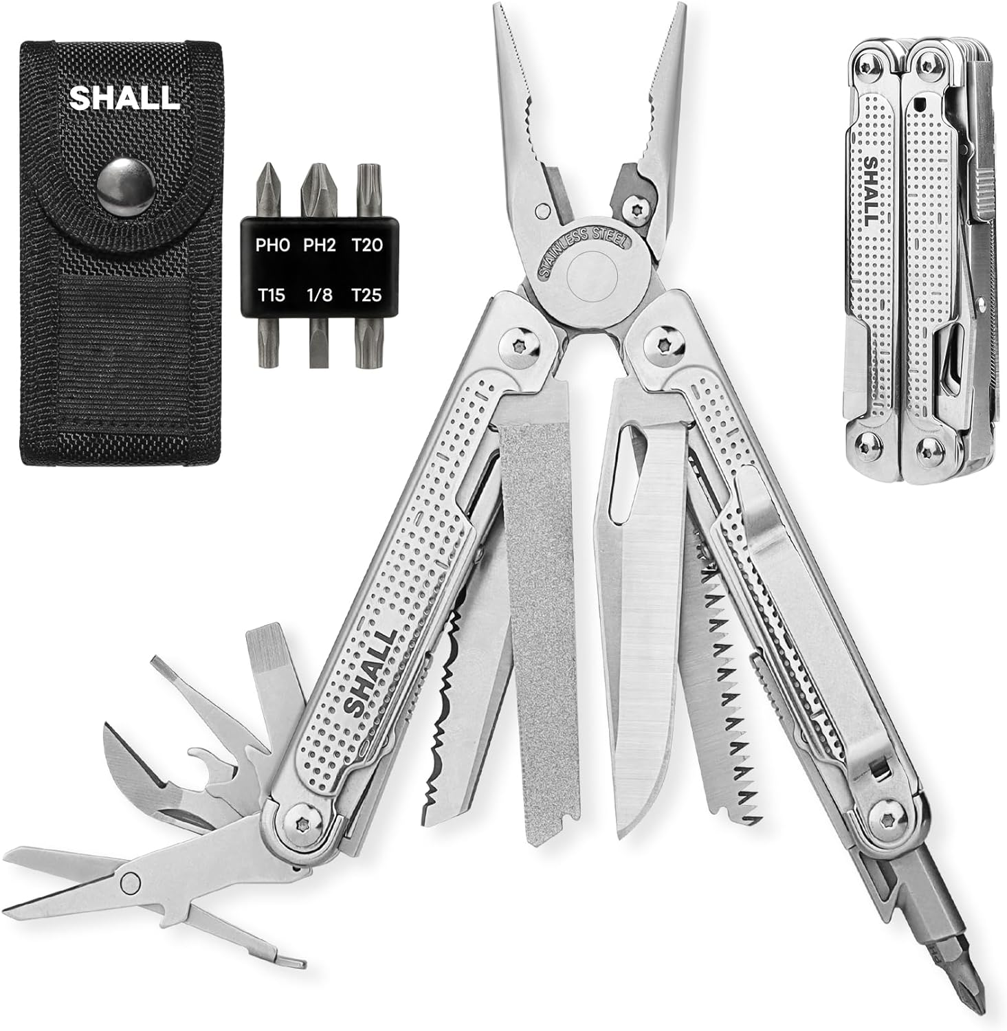 SHALL Multi Tool, 18-In-1 Multitool Pliers, Stainless Steel Multi-Tool Pocket Knife W/Screwdriver Bit, Self-Locking Multipurpose Tool W/Sheath for Camping Fishing Survival Hunting image number 5
