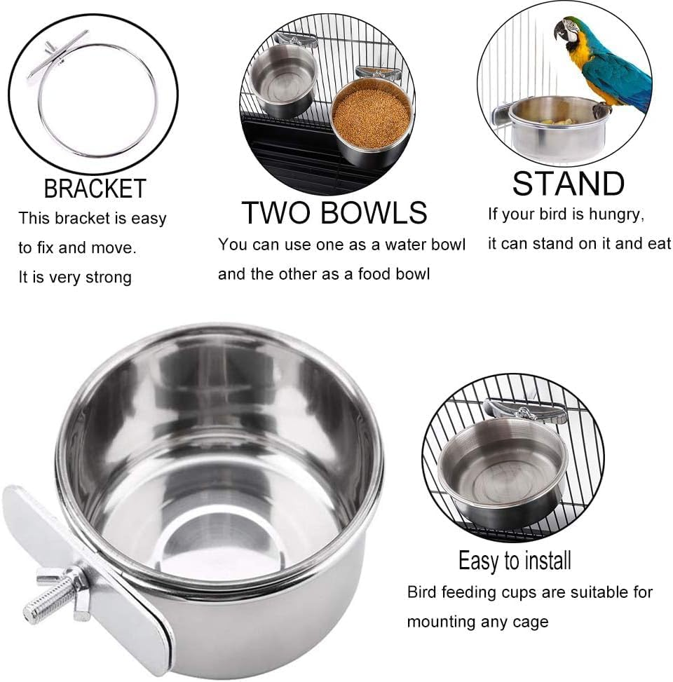 Parrot Feeding Cups Birds Food Dish Stainless Steel Parrot Feeders Water Cage Bowls with Clamp Holder for Cockatiel Conure Parakeet Parrots (Silver, One Size) image number 1