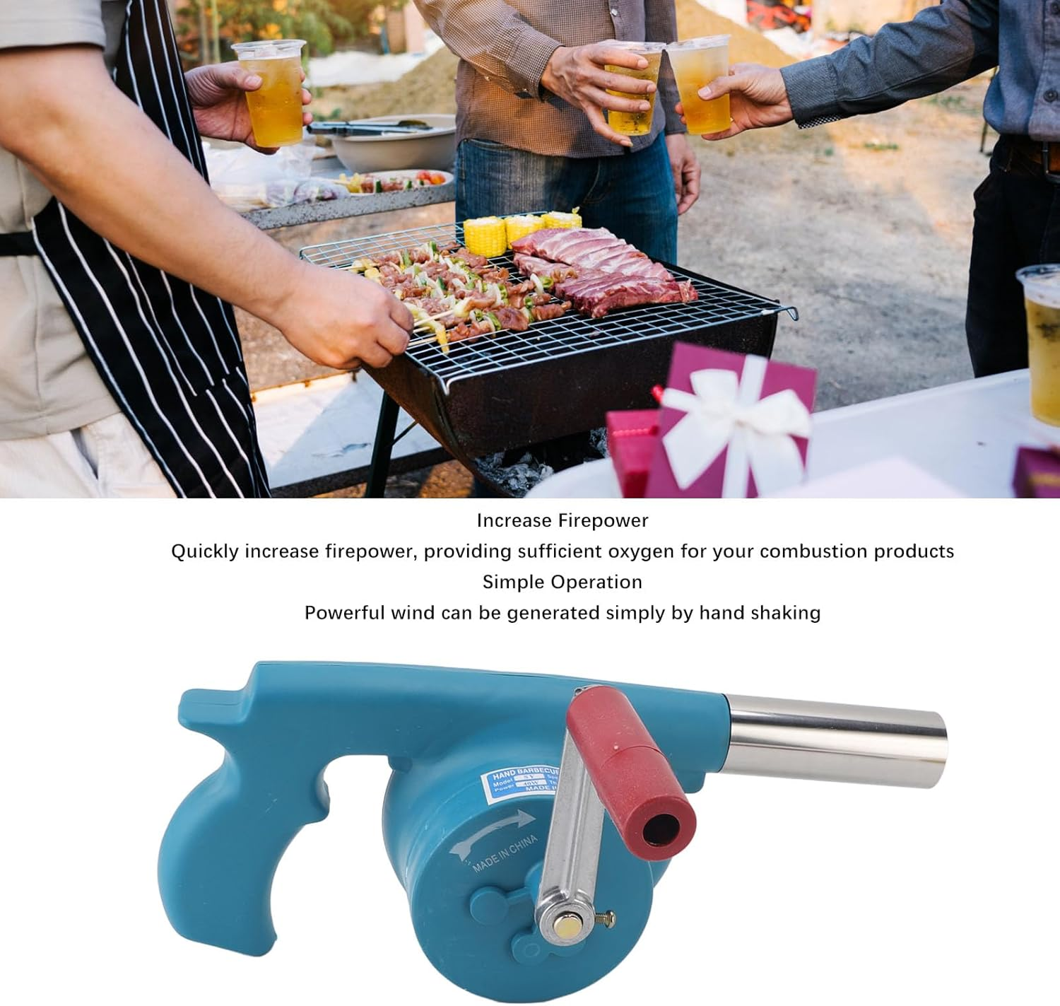 Hand Crank BBQ Fan, Increase Firepower, Easy Operation, Portable Barbeque Air Blower for Outdoor Camping and Barbecuing (Blue)