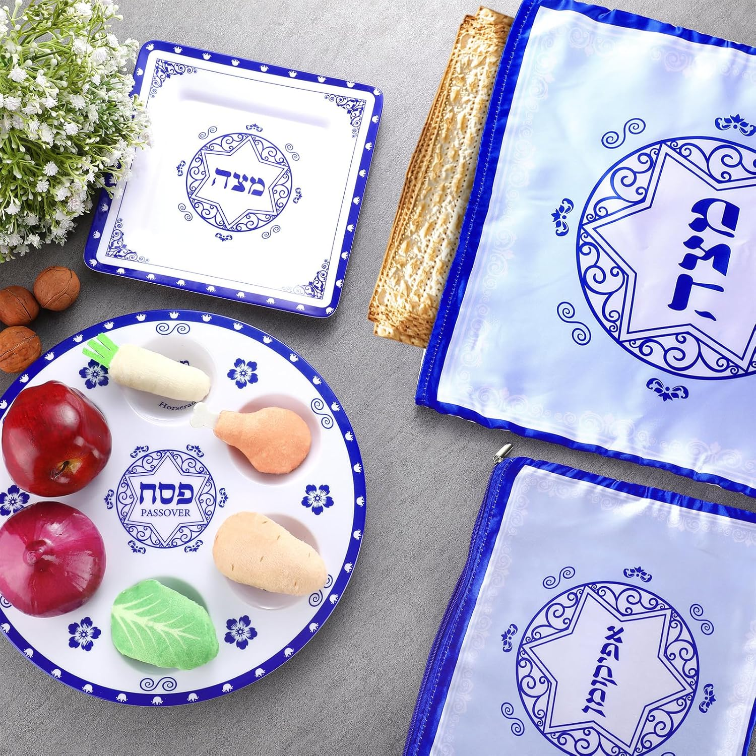Foldtier 4 Pcs Passover Seder Plate Set Includes round 12 Inch Renaissance Seder Plate, 8 Inch Square Matzo Tray, 3 Pocket Silk Matzo Cover, Zipper Afikoman Bag for Pesach Decoration Dinnerware image number 3