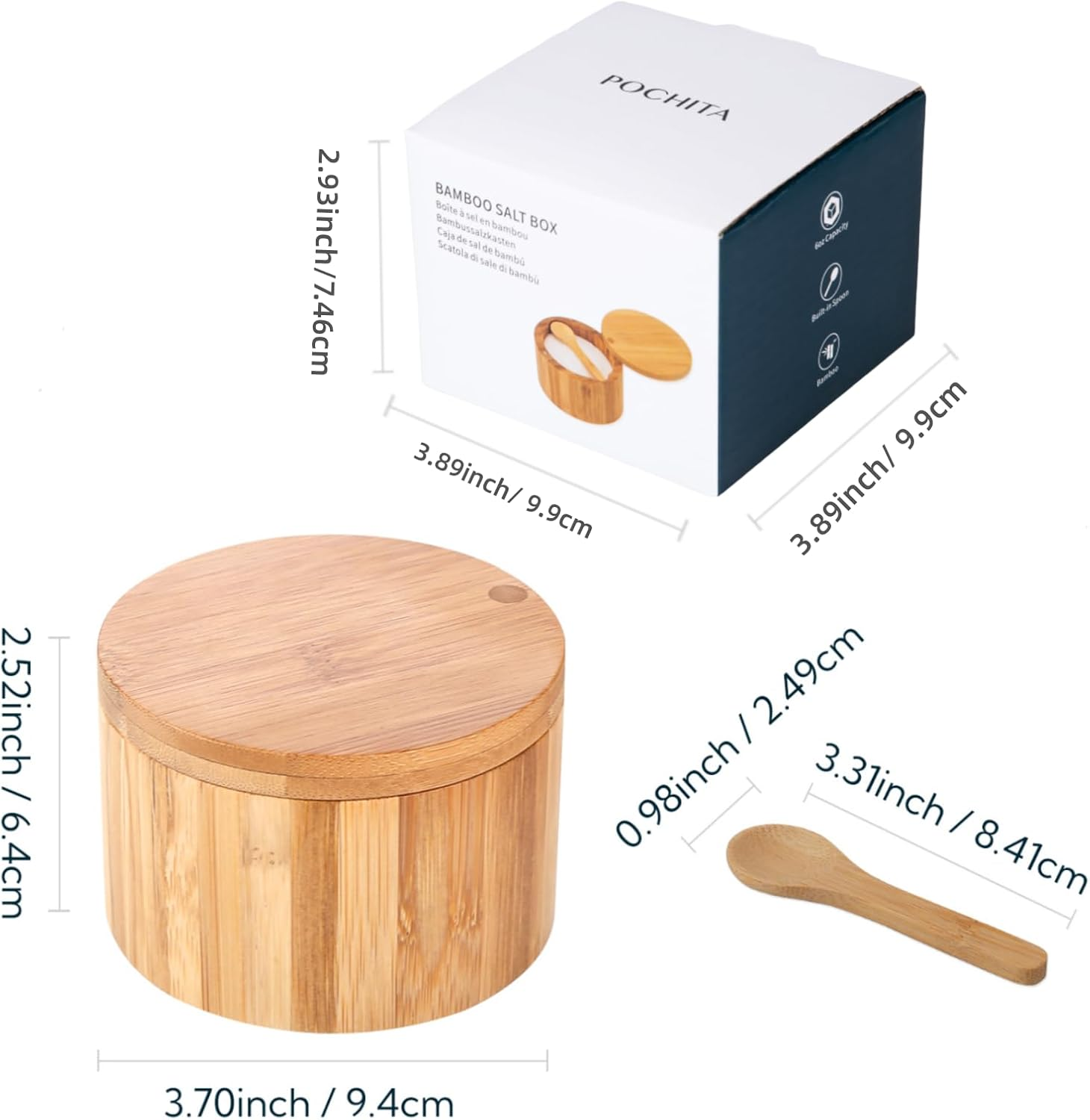 Bamboo Salt Cellar Bowl Box with Swivel Magnetic Lid to Avoid Dust, Elegant Kitchen Salt Container Holder with to Storage Pepper Spice Bath & Sea Salts, 6Oz（Built-In Spoon） image number 1
