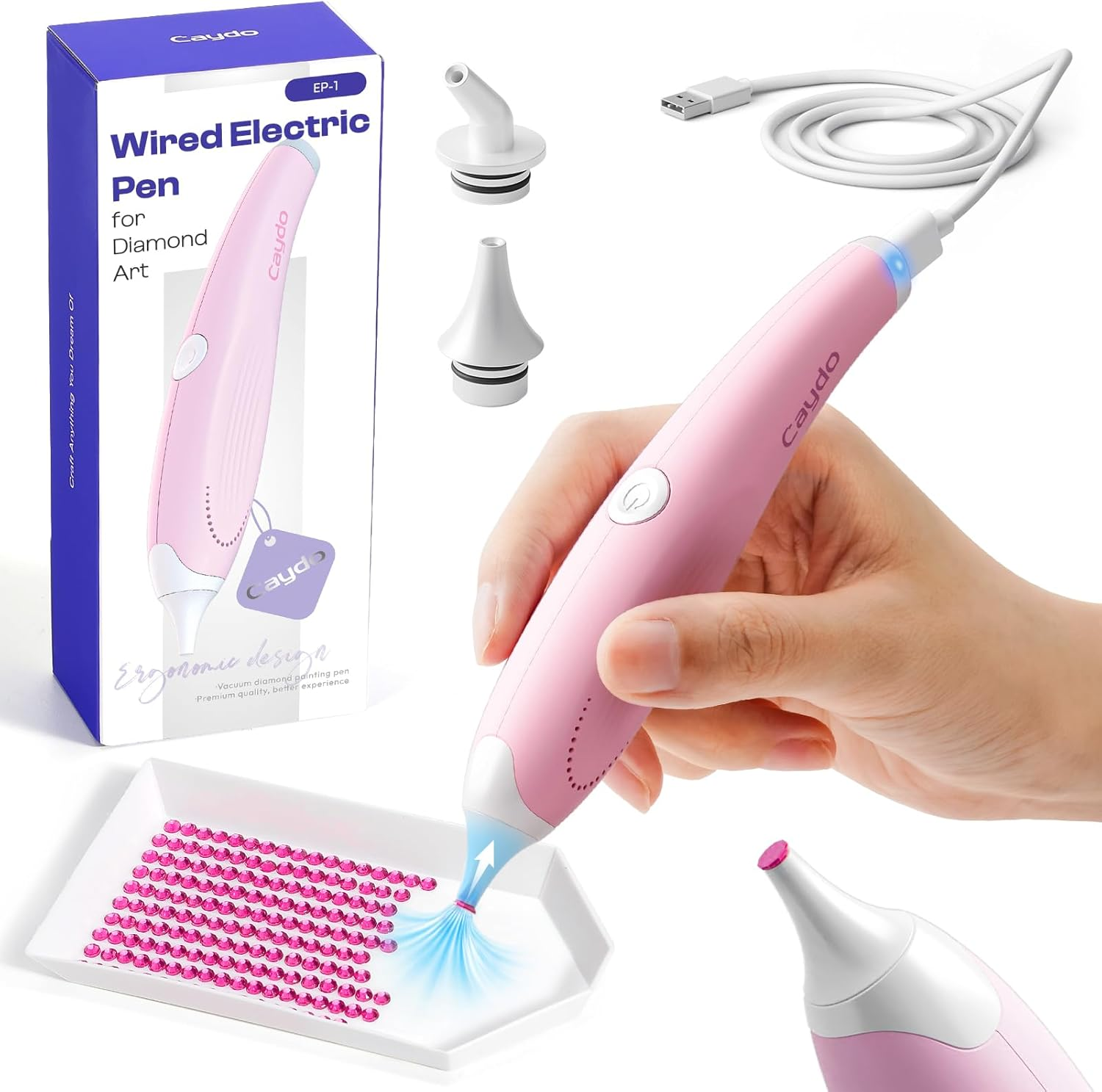 Caydo Wired Electric Diamond Painting Pen (Plug-In Use), E-Painter for Diamond Painting - Ergonomic Vacuum Tool with 2-Tips, Diamond Art Accessories Tools for Setting Diamonds without Wax (Pink) image number 6