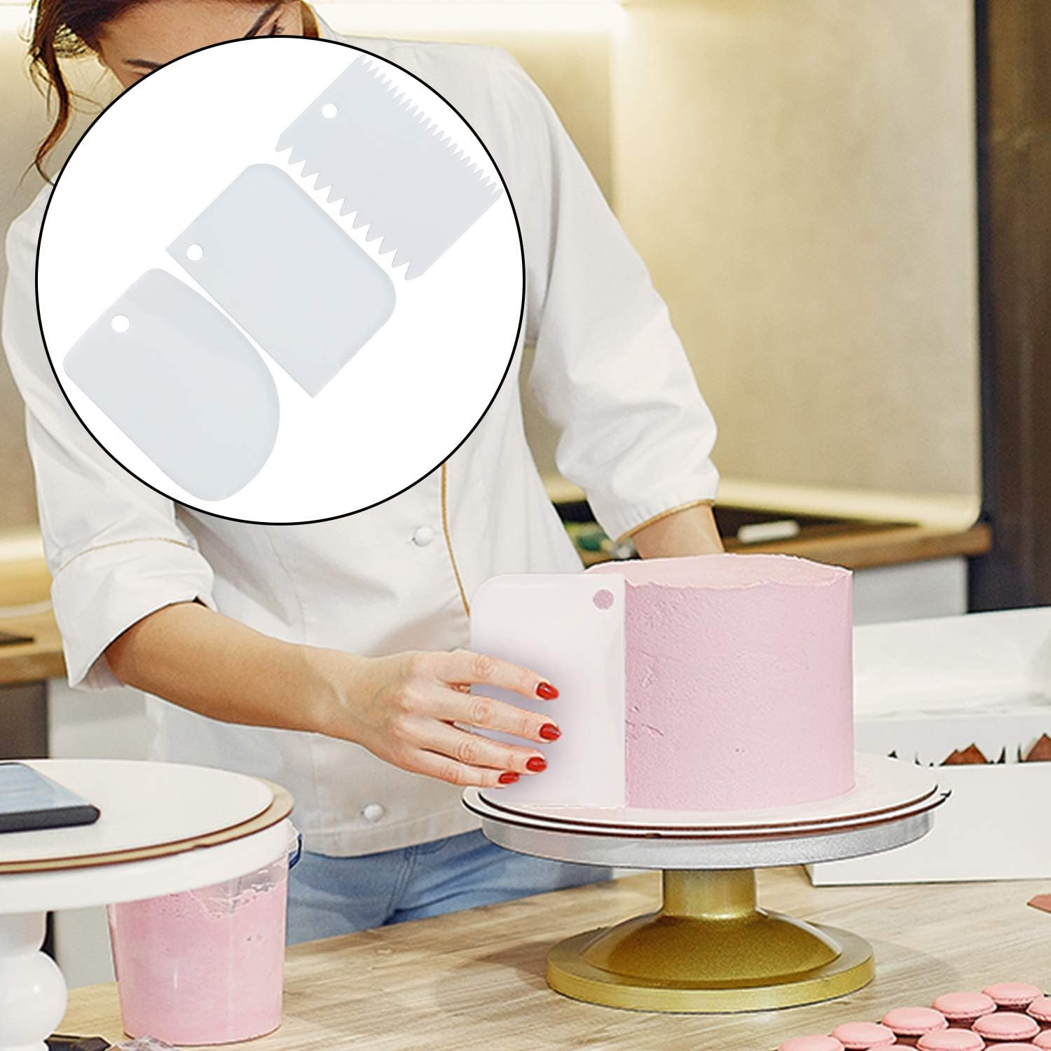 LUTER 4 Packs Stainless Steel Cake Icing Spatulas (4&rdquo;, 6&rdquo;, 8&rdquo;, 10&rdquo;) with 3Pcs Cake Smoother Scrapers Cake Spatula Set for Baking, Cake Making Supplies