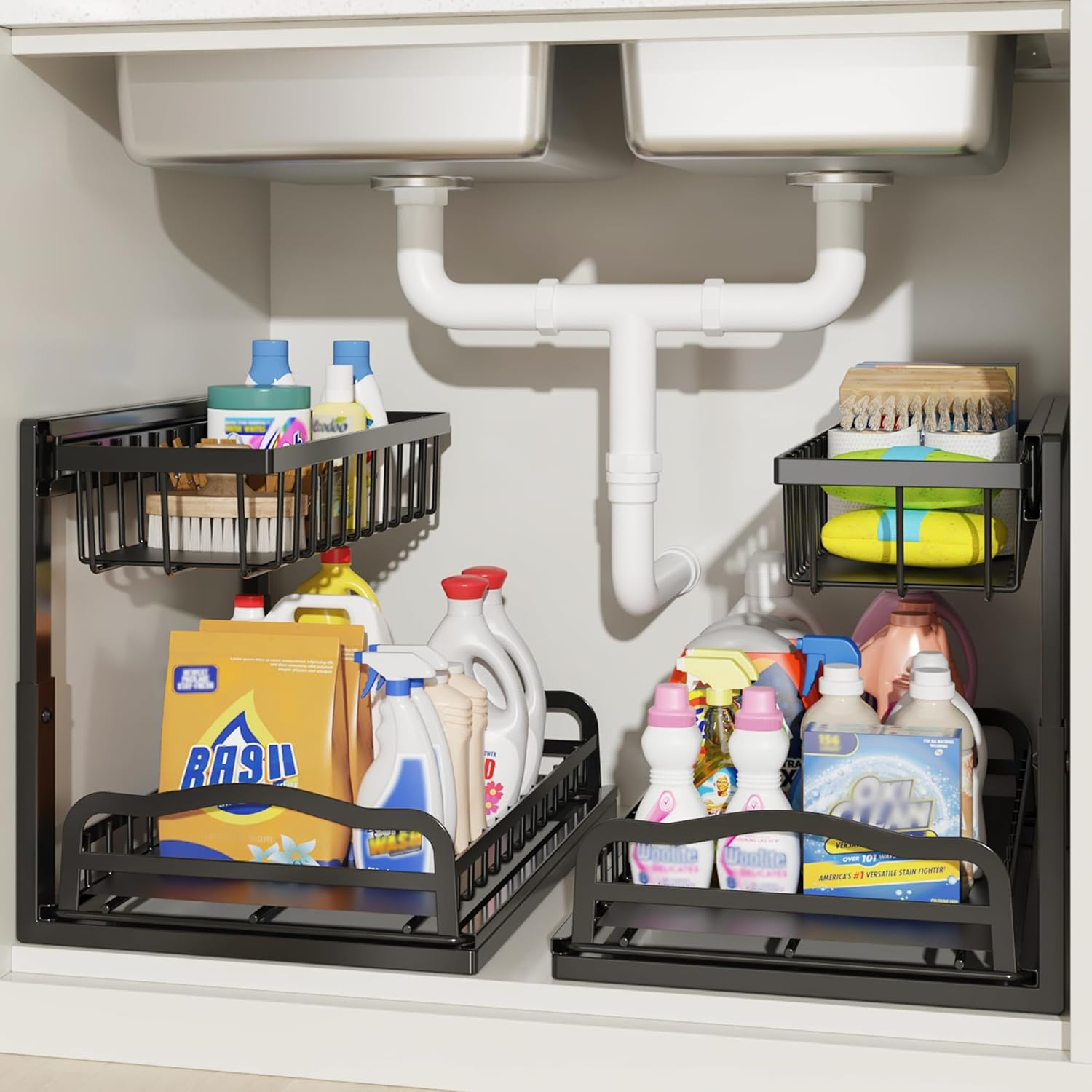 Acemining under Sink Organizer, 2 Pack Pull-Out under Cabinet Organizer, 2 Tier under Sink Storage with Sliding Basket, L-Shaped and Adjustable Height Design for Kitchen and Bathroom image number 1