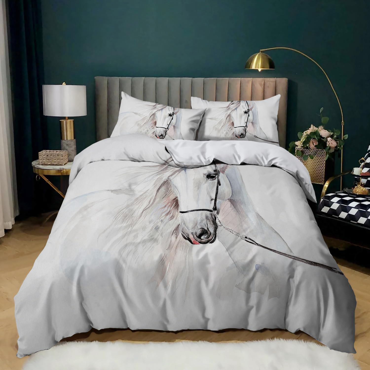 CXYXHW Horse Motif Duvet Cover Set, 3D Horse Microfibre Bedding Sets 3-Piece with Zip and Pillowcase, Animal Motif Bedding Set for Children, Teenagers (200 X 200 Cm)