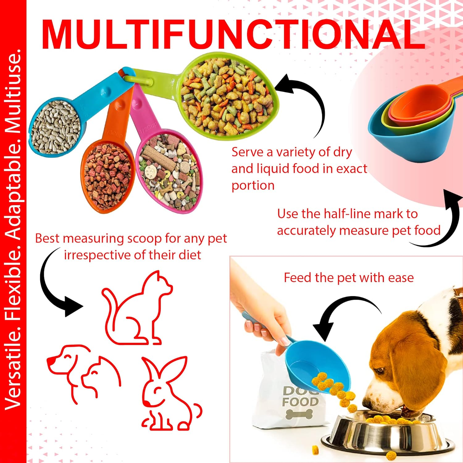 Vila Pet Food Measuring Scoop Cups, One Set to Feed Them All - Ideal for Multi-Pet Homes, Perfect Portion for Your Pets, Easy to Fill and Measure, 4Pcs image number 1