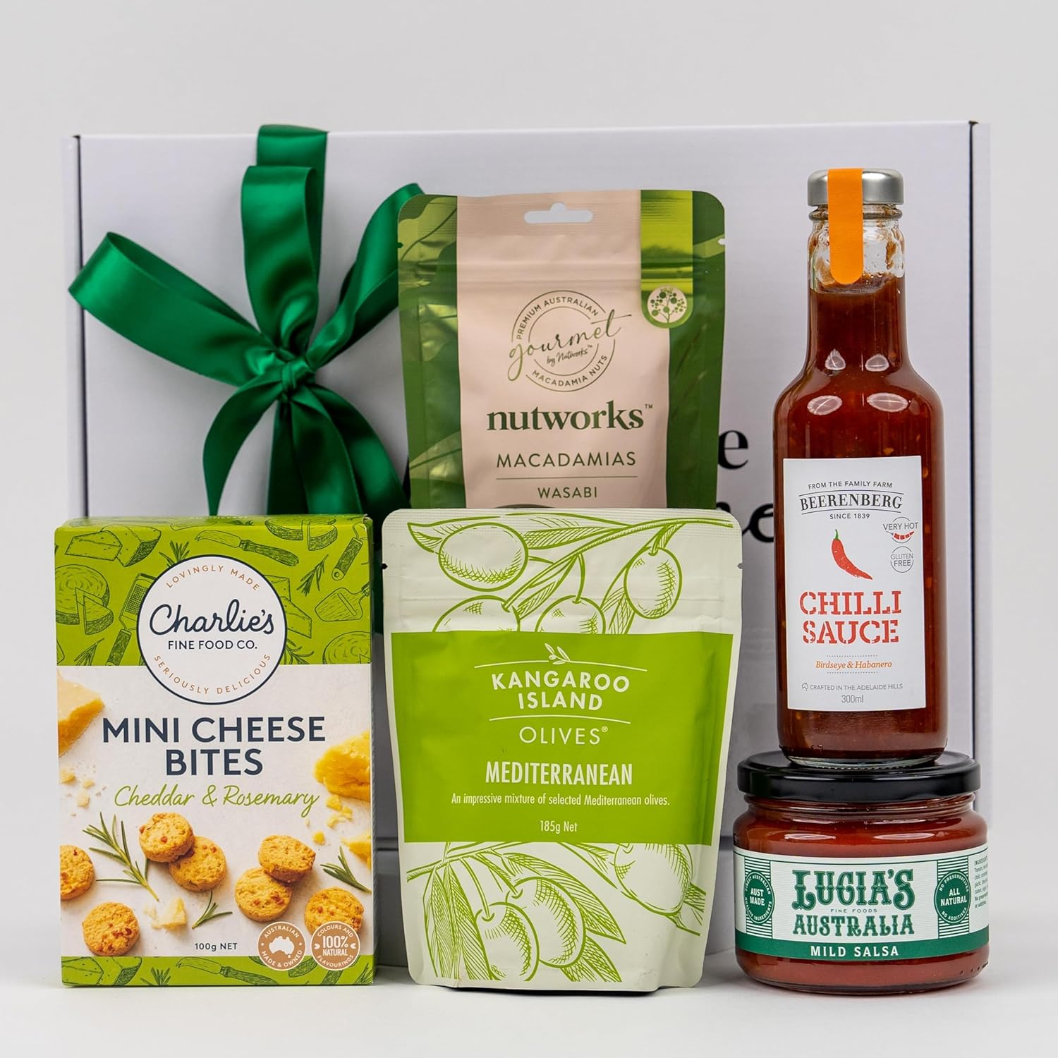 The Hamper Boutique Co Gourmet Savoury Snacks & Sauce Gift Hamper &ndash; Beerenberg Chilli Sauce, Mediterranean Olives, Wasabi Macadamias, Cheddar Cheese Bites & Mild Salsa