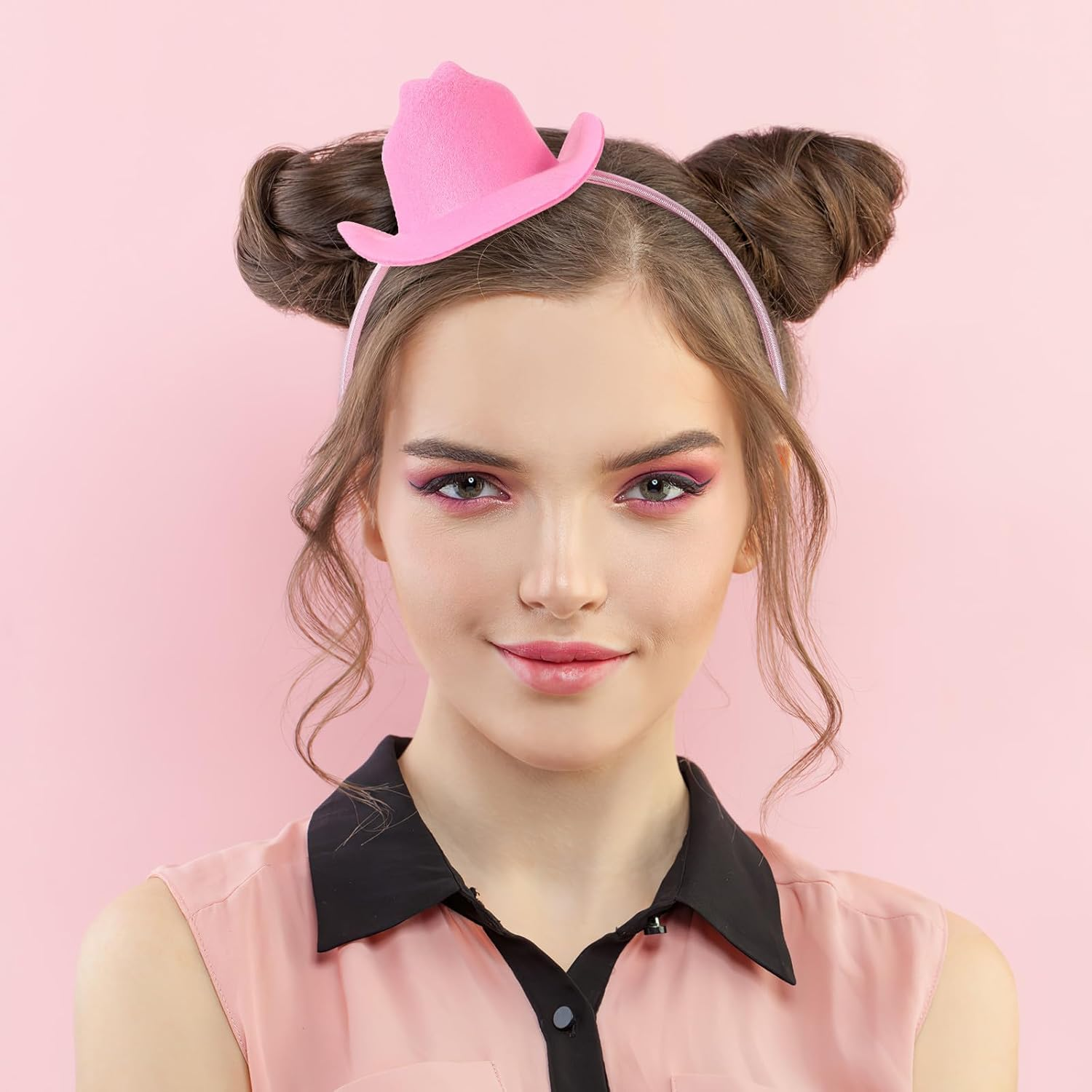 BIUDECO Mini Pink Cowboy Hat Headband Party Accessory for Women Western Masquerade Costume Cowgirl Hat Band image number 4
