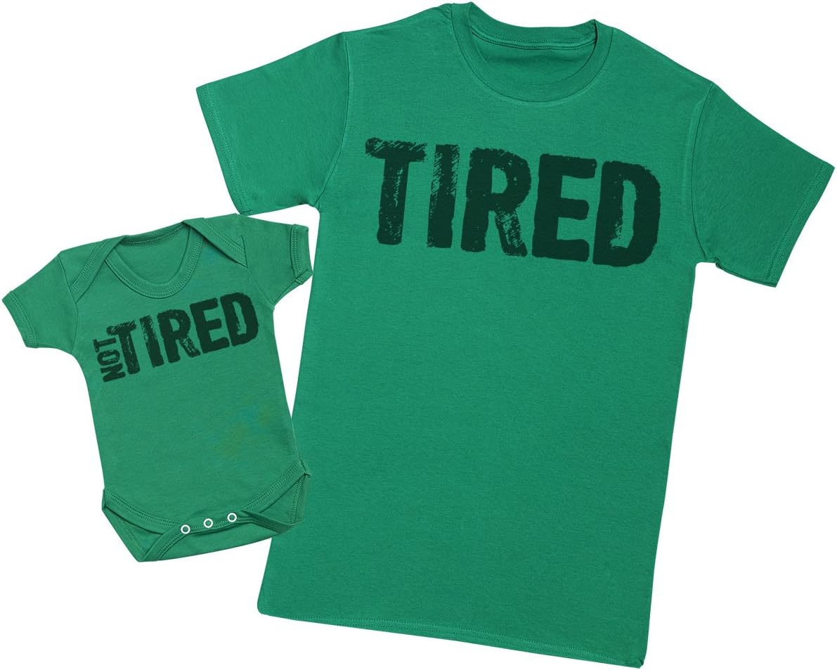 Zarlivia Clothing Tired & Not Tired - Matching Father Baby Gift Set - Mens T Shirt & Baby Bodysuit - Green - Small & 18-24 Months image number 1