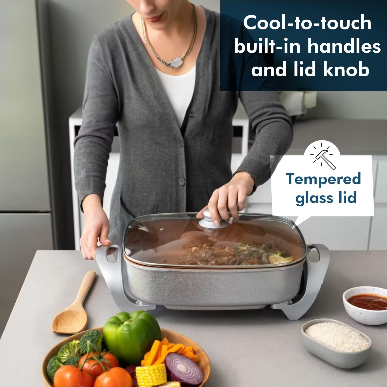 Healthy Choice 38X30CM Electric Kitchen Skillet with Nonstick Copper Coated Grill Pan & Glass Lid Cover, Indoor Countertop Cooking Pan with Temperature Control & Handle Compact Easy Clean image number 4