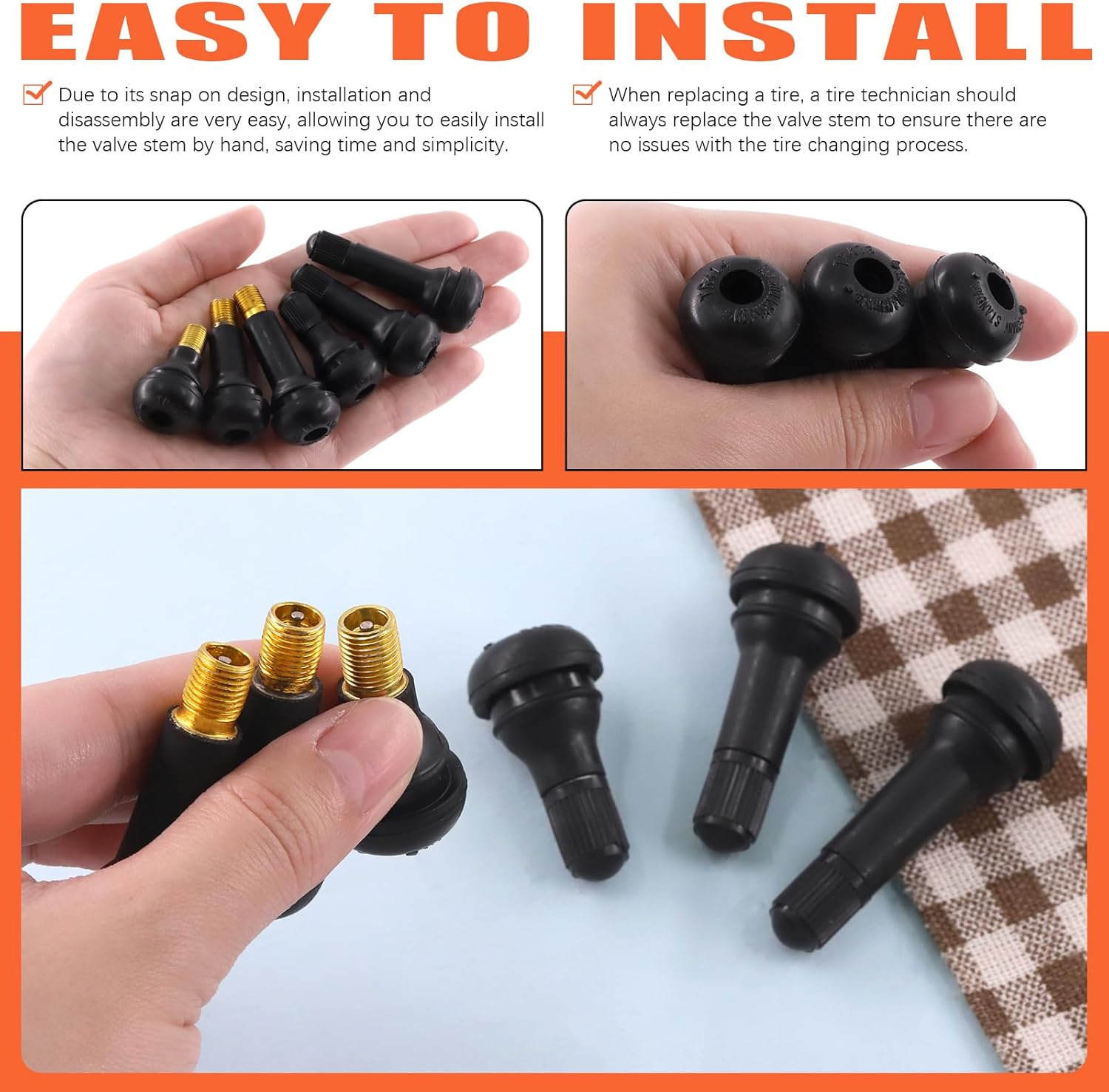 Tanstic 100Pcs Black Tire Valve Stems, Rubber Snap-In Valve Stem, Standard Length Replacement Tubeless Valve Stems for 0.453 Inch Rim Holes on Standard Vehicle Tires (TR412, TR413, TR414) image number 6