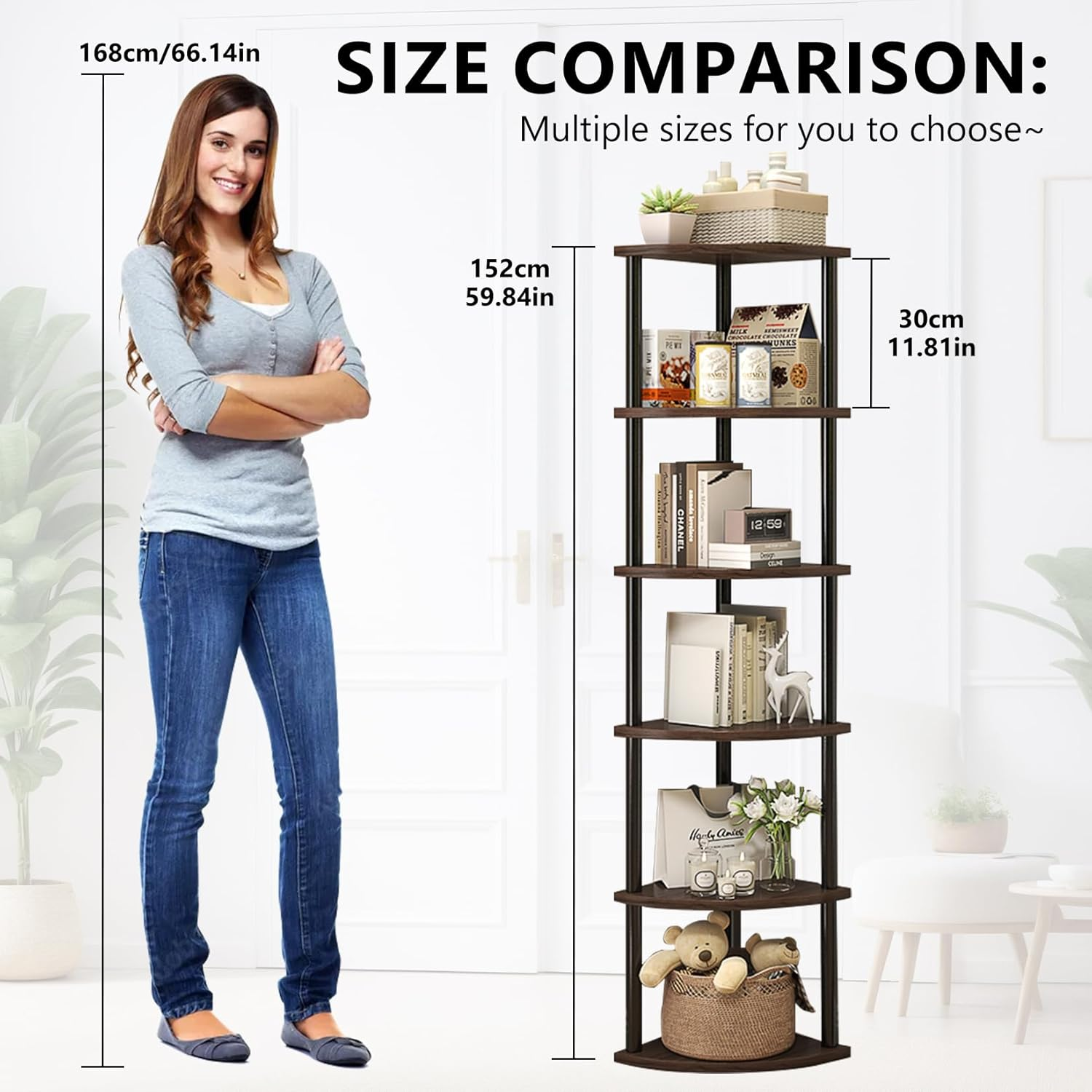 Corner Bookshelf, Storage Standing Shelf Unit with Metal Framecorner Shelf Stand, (Walnut, 6 Tier) image number 1