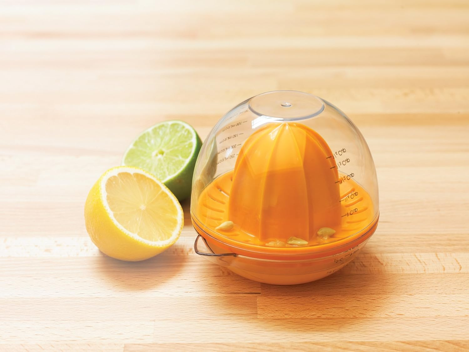 Progressive Citrus Juicer with Strainer for Pulp & Seeds - Multifunctional Measuring Cup | Easy-Pour Spout | Ideal Size to Fit Limes, Lemons and Small Oranges | 1/2 Cup, 8TBSP or 120Ml | Orange/Clear image number 2