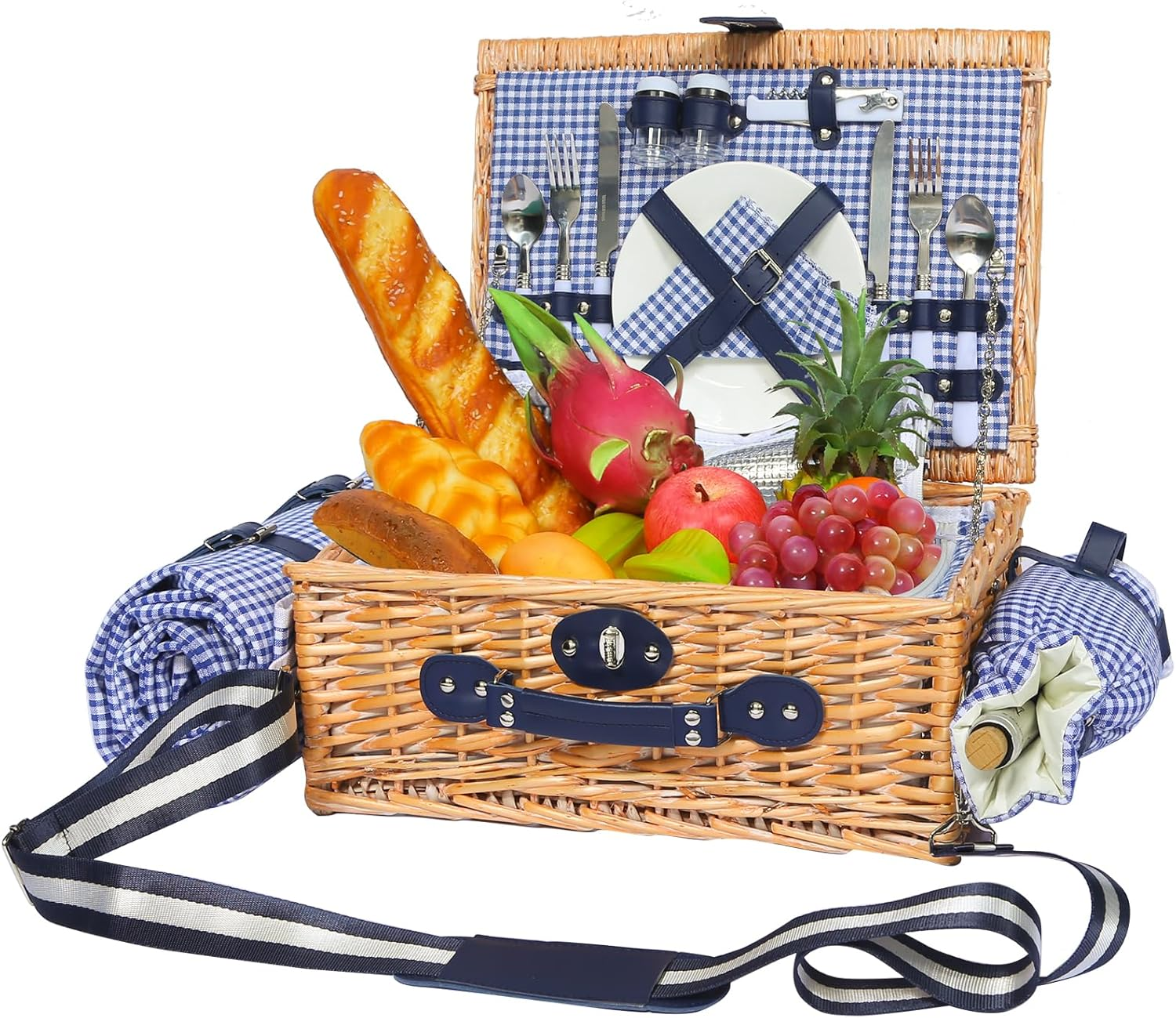 Picnic Basket for 2 with Waterproof Blanket and Wine Pouch, Insulated Wicker Picnic Basket Set, Large Willow Hamper for Outdoor, Beach, Camping, Couples, Wedding Gift, Pink